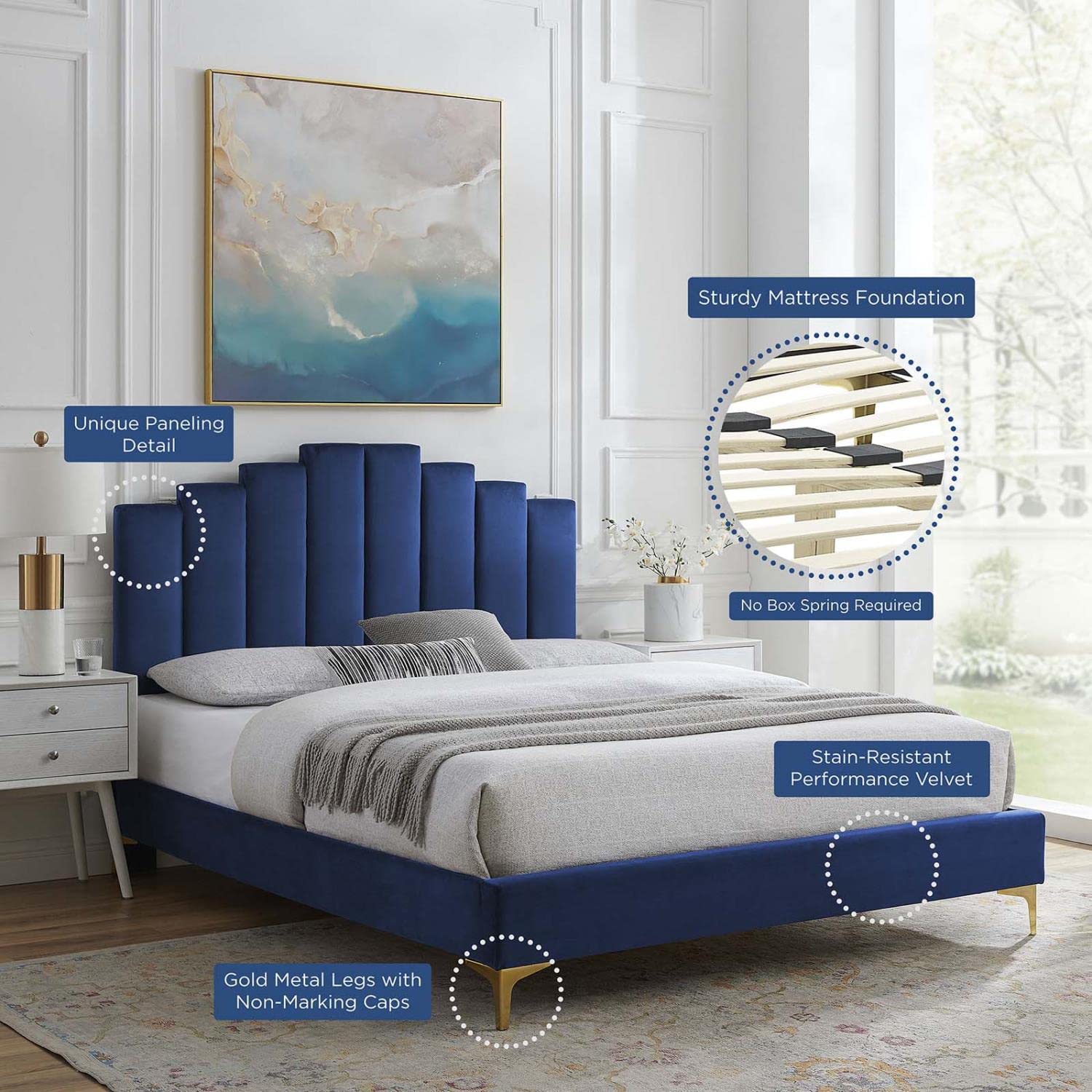 adjustable bed bases | CasaFoyer Elise Performance Velvet King Platform Bed | Glamorous Deco Style | Stain-Resistant Velvet | Gold Metal Legs | Supports 800 lbs | Includes Headboard & Bed Frame | casafoyer.myshopify.com