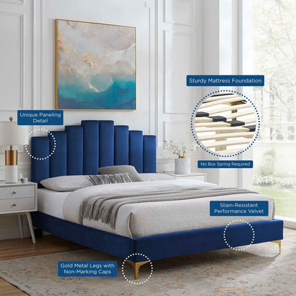 adjustable bed bases | CasaFoyer Elise Performance Velvet King Platform Bed | Glamorous Deco Style | Stain-Resistant Velvet | Gold Metal Legs | Supports 800 lbs | Includes Headboard & Bed Frame | casafoyer.myshopify.com