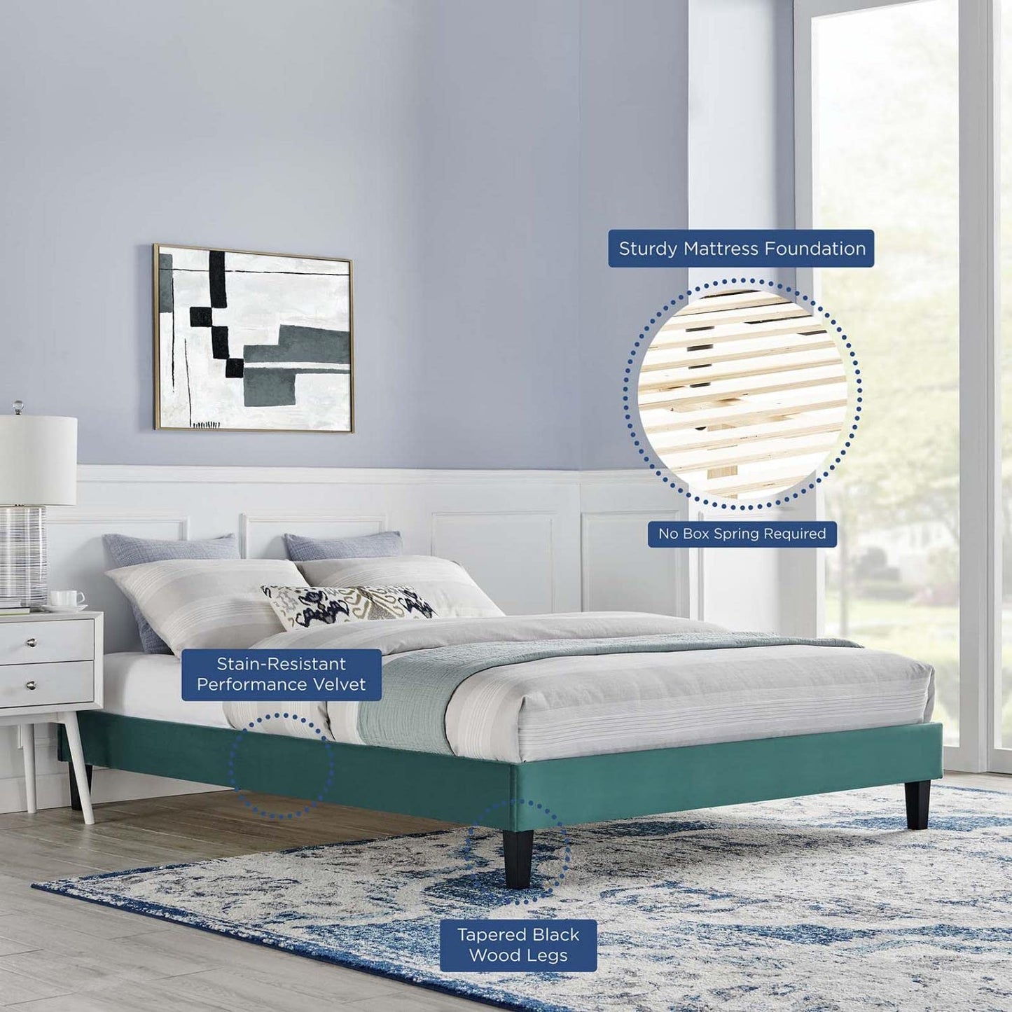 adjustable bed bases | CasaFoyer Reign King Performance Velvet Platform Bed Frame | Upgrade Bedroom Decor with Elegant, Stain-Resistant Velvet | Sturdy Design for Memory Foam, Latex, Innerspring Mattresses | No Box Spring Needed | Easy Assembly | Teal | casafoyer.myshopify.com