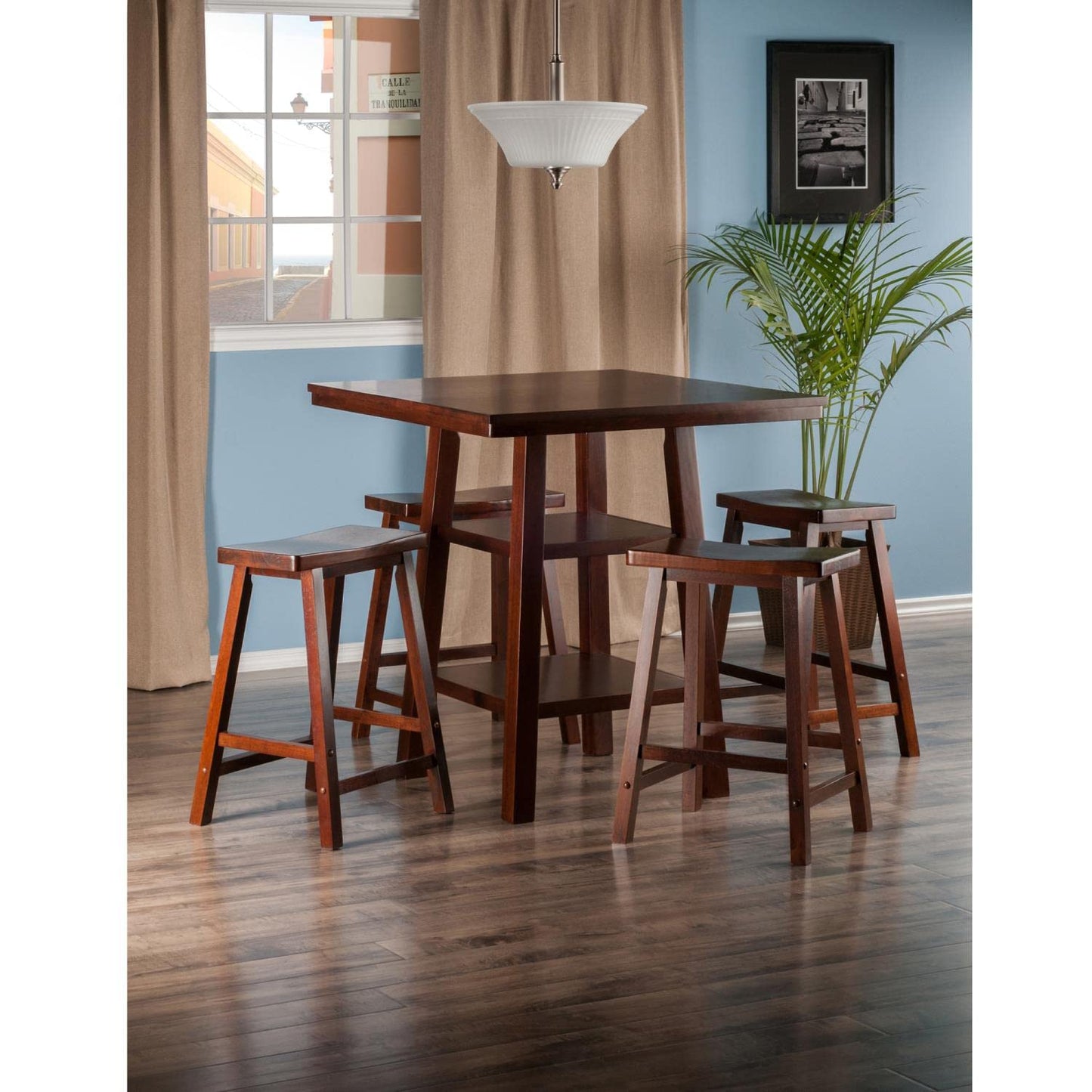 childrens table and chair sets | CasaFoyer Orlando High Table & Saddle Seat Stool Set | 5-Piece Furniture Collection | Ample Storage | Walnut Finish | Stable & Space-Saving Design | casafoyer.myshopify.com