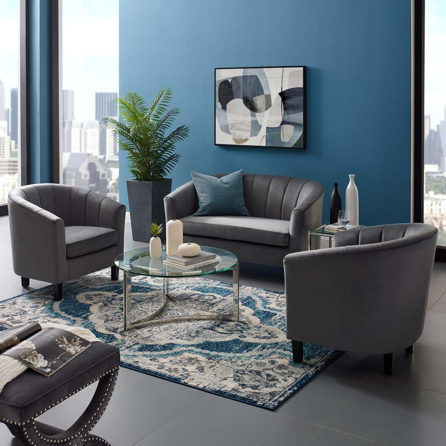 kitchen and dining room sets | CasaFoyer Prospect Performance Velvet Loveseat | 2 Armchair Set - Stain-Resistant | Channel Tufted | Retro Design - Gray | casafoyer.myshopify.com