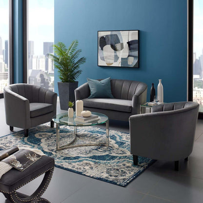 kitchen and dining room sets | CasaFoyer Prospect Performance Velvet Loveseat | 2 Armchair Set - Stain-Resistant | Channel Tufted | Retro Design - Gray | casafoyer.myshopify.com