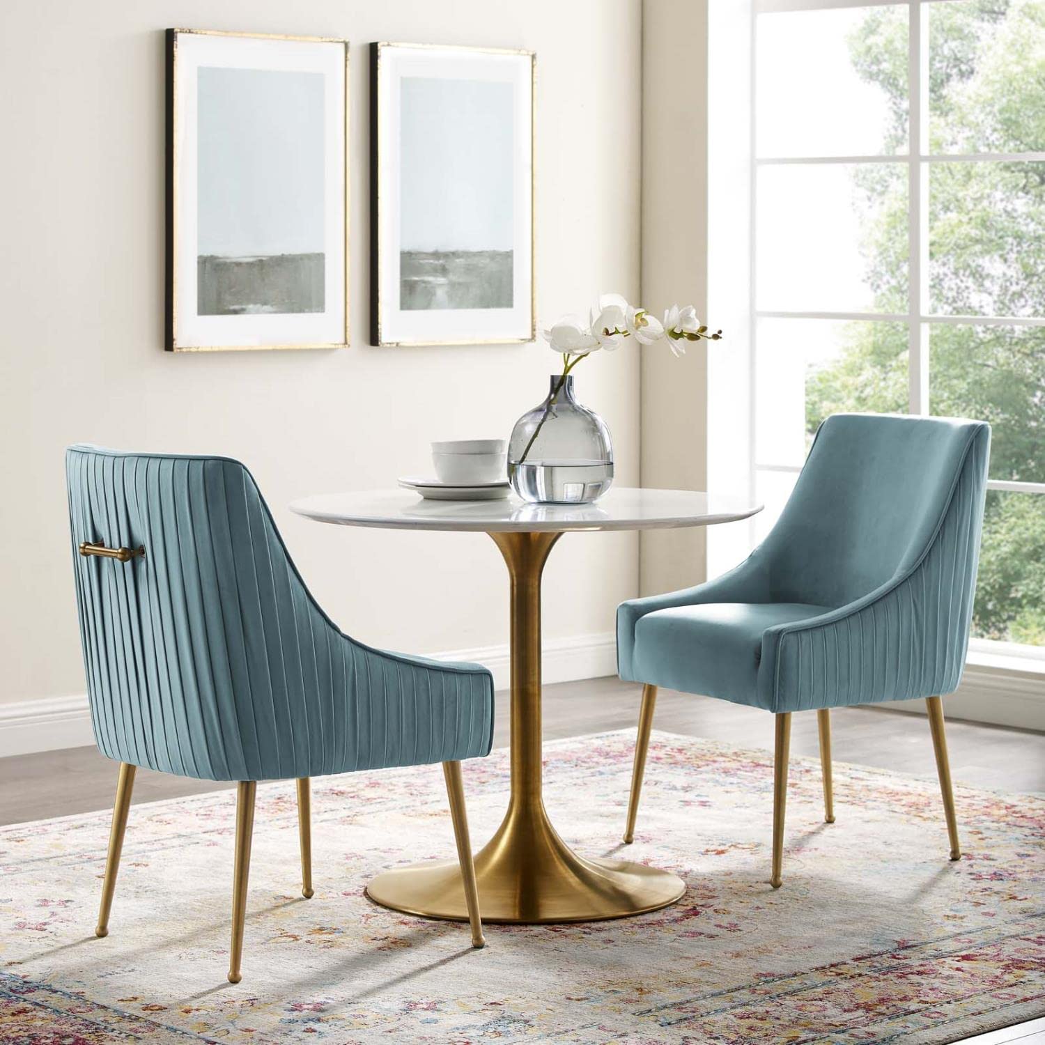 home office desk chairs | CasaFoyer Discern Performance Velvet Pleated Back Dining Chair Set of 2 | Stain-Resistant | Gold Legs | Versatile | Non-Marking Foot Caps | casafoyer.myshopify.com