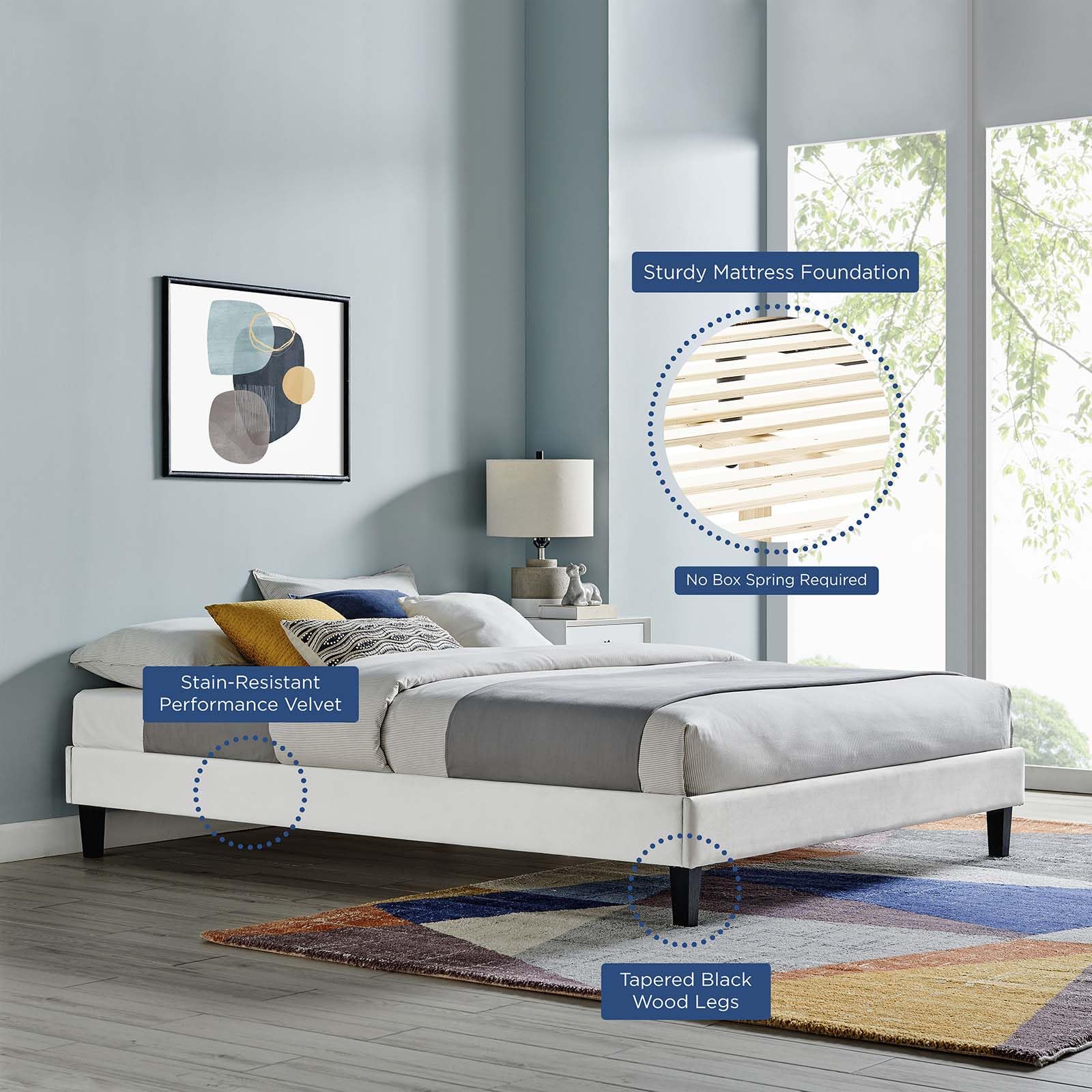 adjustable bed bases | CasaFoyer Reign Performance Velvet Queen Platform Bed Frame | Elegant Stain-Resistant Upholstery | Sturdy, No Box Spring Needed | Light Gray | casafoyer.myshopify.com