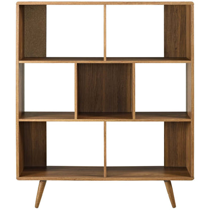 bookcases | Ergode Transmit Walnut Grain Laminate Bookcase | Stylish Mid-Century Design | 3-Tiered with Offset Shelf Dividers | Perfect for Living Room or Entryway | casafoyer.myshopify.com