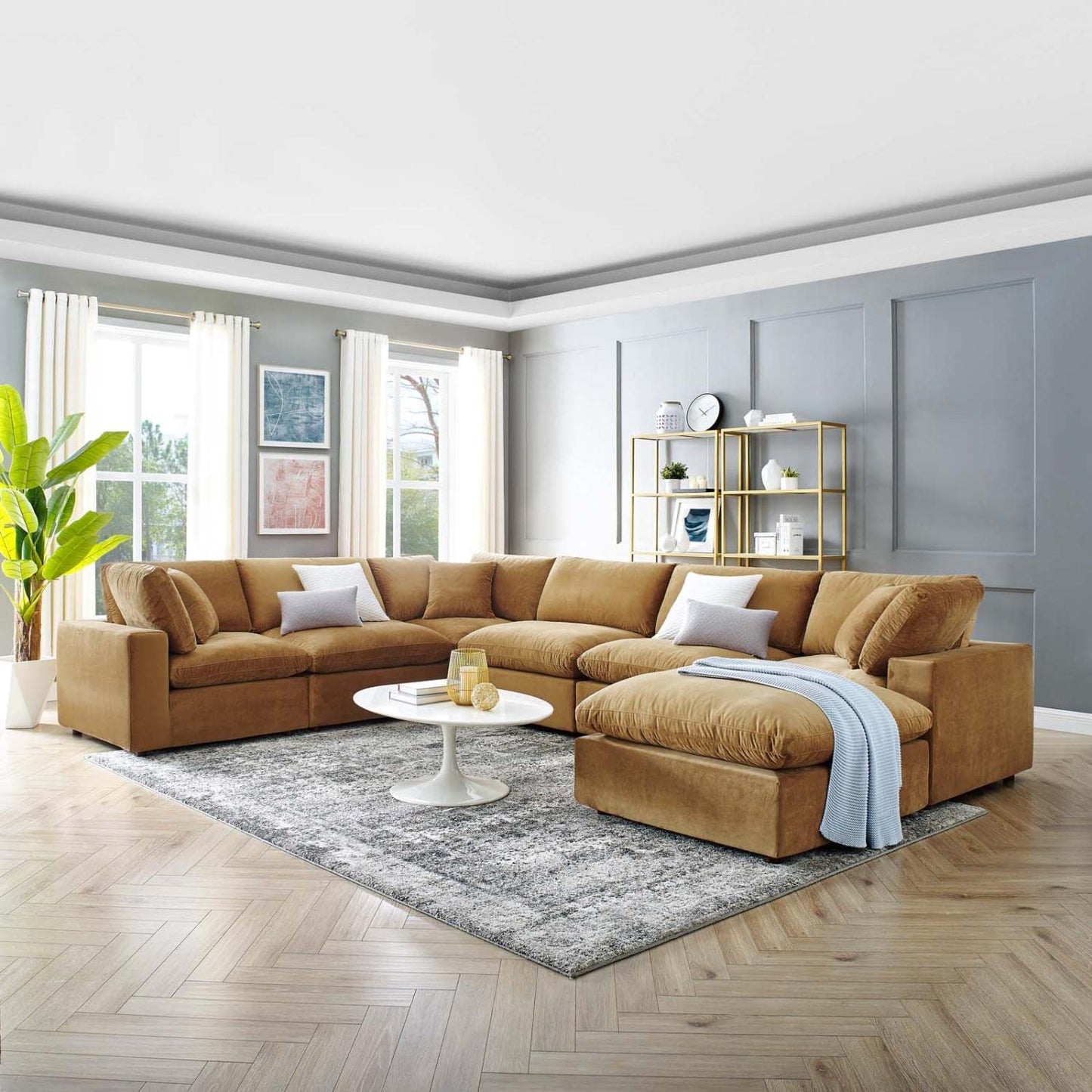 sofas | CasaFoyer Commix | Luxurious Sectional Sofa Set | Stain-Resistant Velvet | Solid Wood Construction | Overstuffed Feather Cushions | 7-Piece | Cognac | casafoyer.myshopify.com