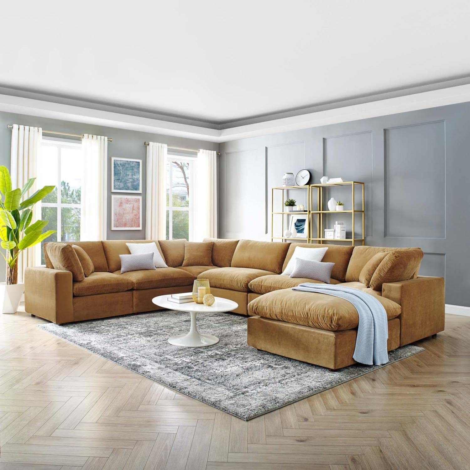 sofas | CasaFoyer Commix | Luxurious Sectional Sofa Set | Stain-Resistant Velvet | Solid Wood Construction | Overstuffed Feather Cushions | 7-Piece | Cognac | casafoyer.myshopify.com