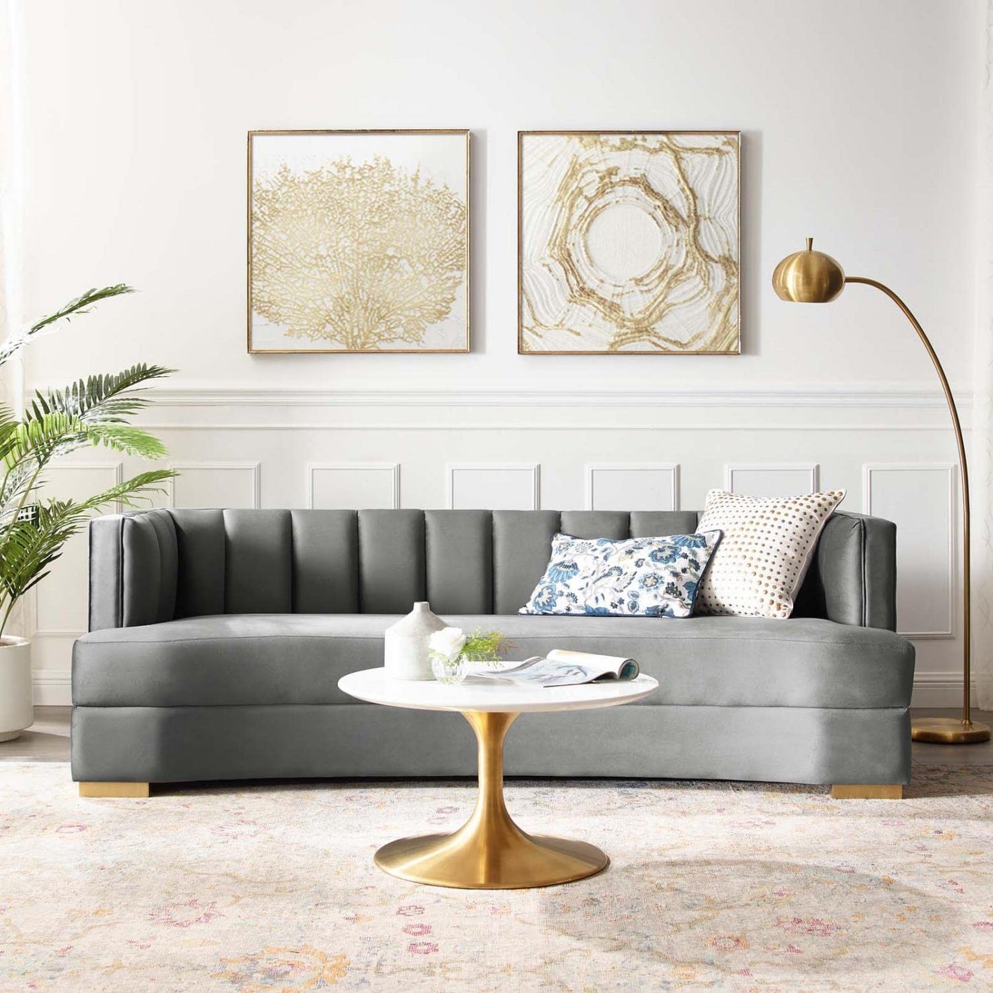sofas | CasaFoyer Encompass Curved Channel Tufted Performance Velvet Sofa | Elegant & Glamorous | Stain-Resistant | Plush Cushions | Gold Legs | 600 lbs Capacity | casafoyer.myshopify.com