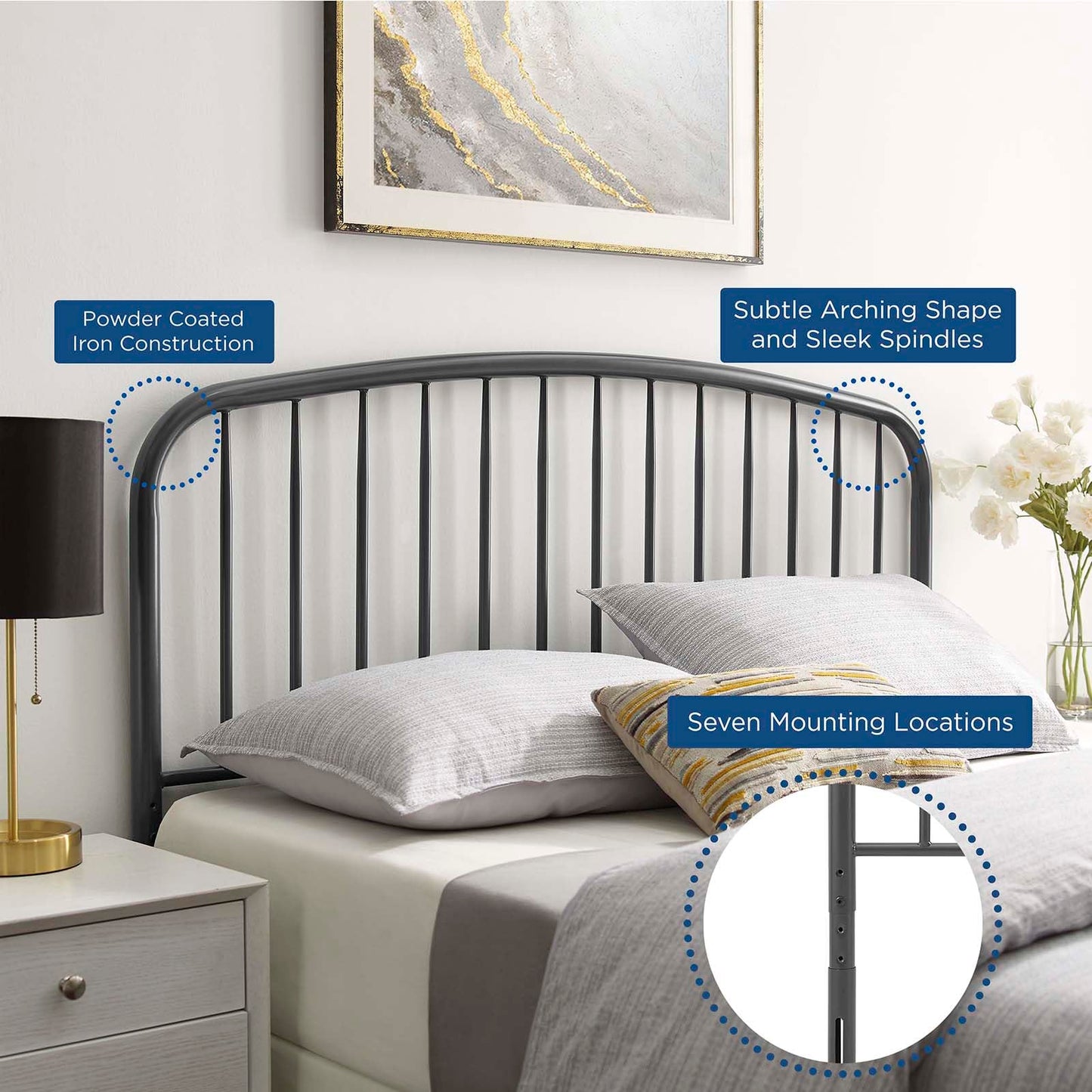 headboards | CasaFoyer Nova Metal King Headboard | Sleek Modern Design | Arching Shape & Stylish Spindles | Durable Powder-Coated Iron | Adjustable Height | Contemporary Rustic Charm | Gray | casafoyer.myshopify.com