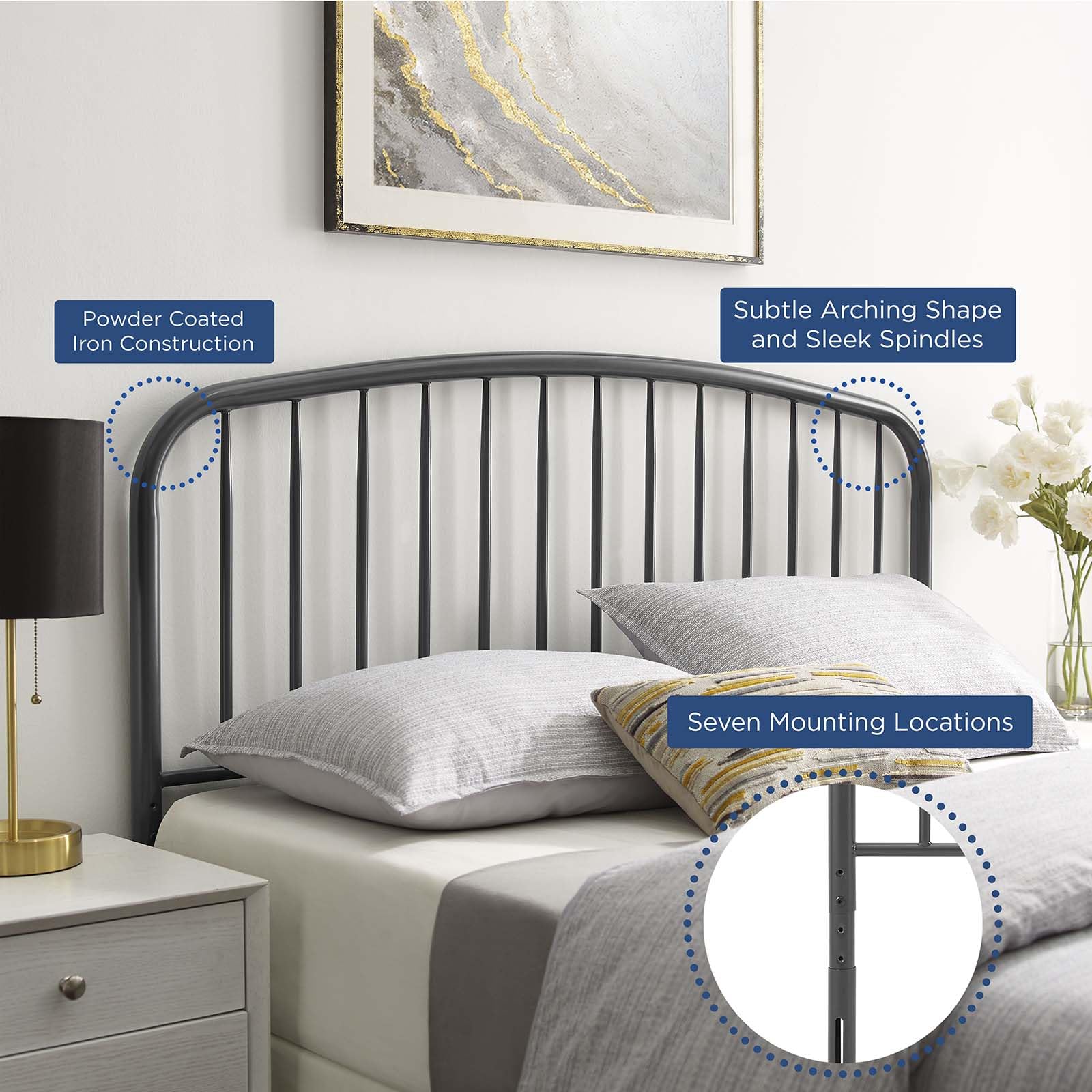 headboards | CasaFoyer Nova Metal King Headboard | Sleek Modern Design | Arching Shape & Stylish Spindles | Durable Powder-Coated Iron | Adjustable Height | Contemporary Rustic Charm | Gray | casafoyer.myshopify.com