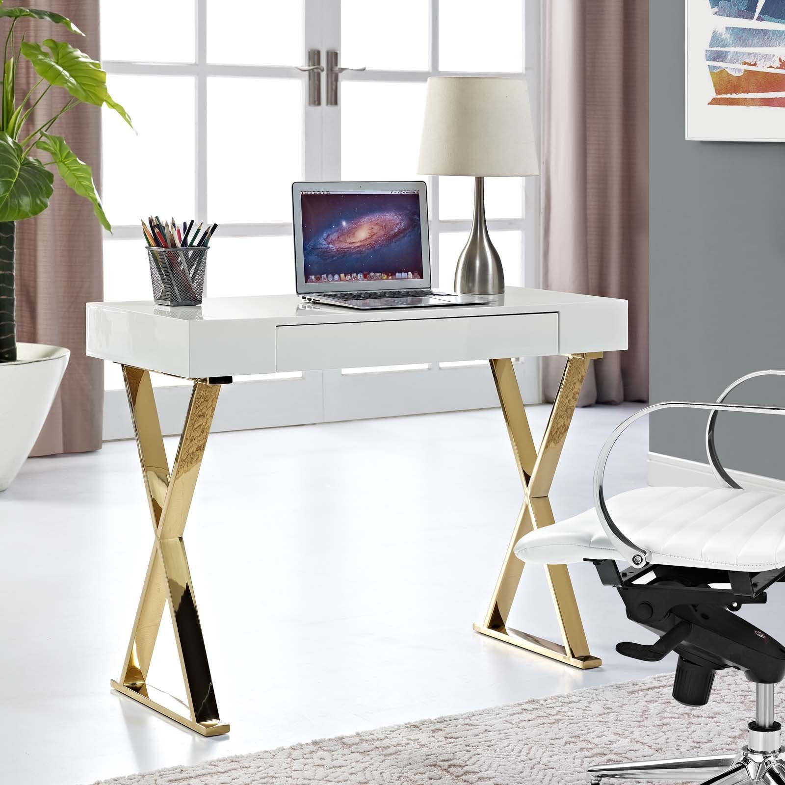 sofa tables | Ergode Sector Gold Stainless Steel X Frame Console Accent Table | Sleek & Versatile Design | Spacious Drawer | Polished Gold Stainless Steel Base | Non-Marking Foot Pads | Ideal for Contemporary Homes & Offices | casafoyer.myshopify.com