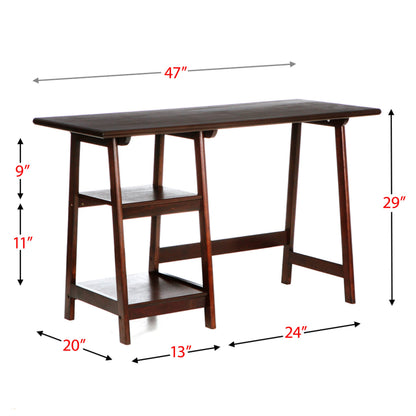 Desk | Langston | Espresso Sawhorse Desk | Minimalist Design | Captivating Grain | A-Frame Legs | Spacious Work Surface | 2 Shelves | Modern Farmhouse Style | casafoyer.myshopify.com
