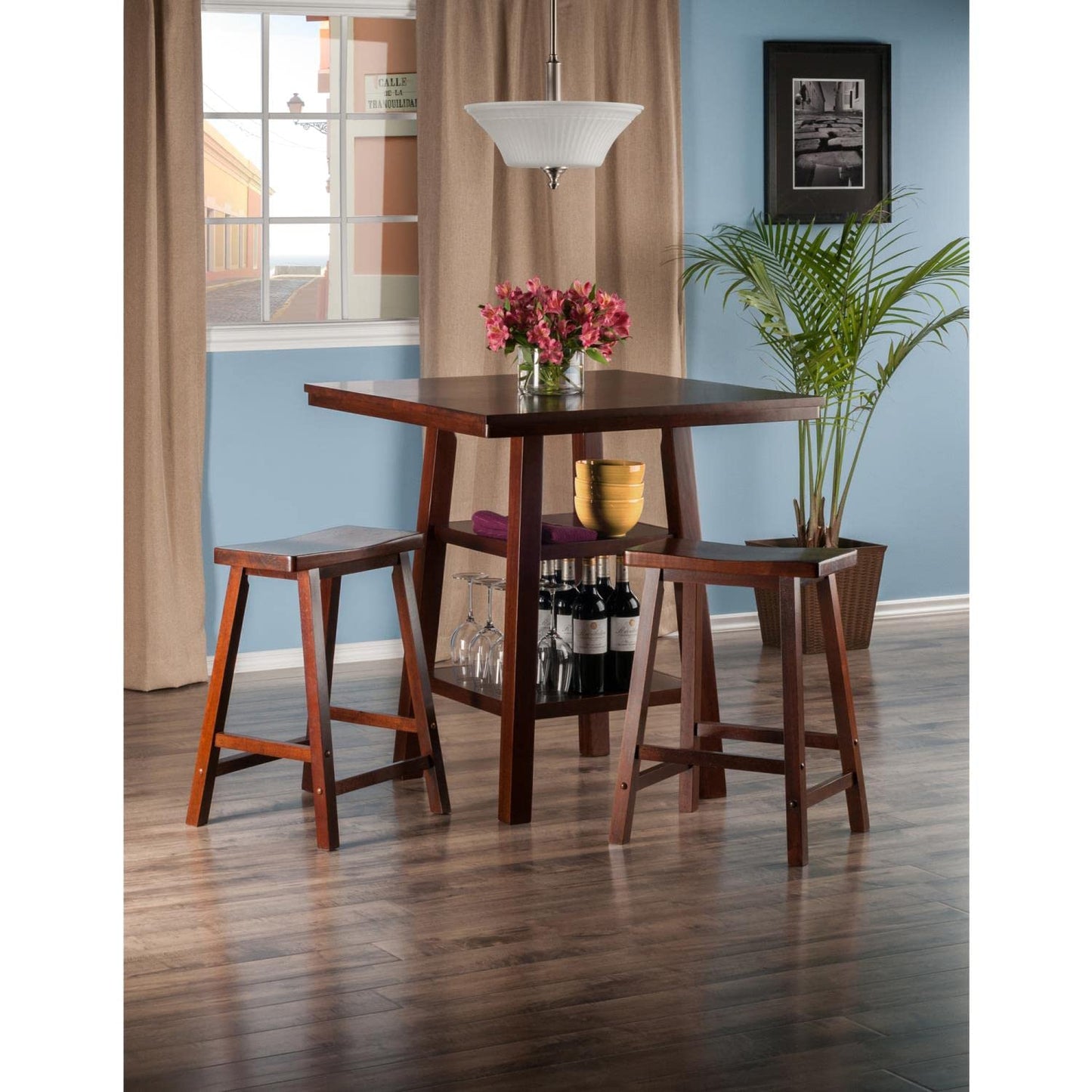 childrens table and chair sets | CasaFoyer Orlando High Table & Saddle Seat Stool Set | Rustic Design | Solid Wood | Walnut Finish | 2 Shelves | Space-Saving | Ideal for Dining & Kitchen | casafoyer.myshopify.com