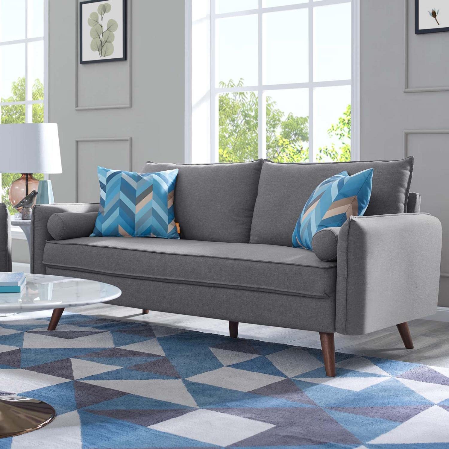 sofas | CasaFoyer Revive Sofa | Cozy & Stylish Upholstered Fabric | Bolster Pillows | Splayed Wood Legs | Light Gray | casafoyer.myshopify.com