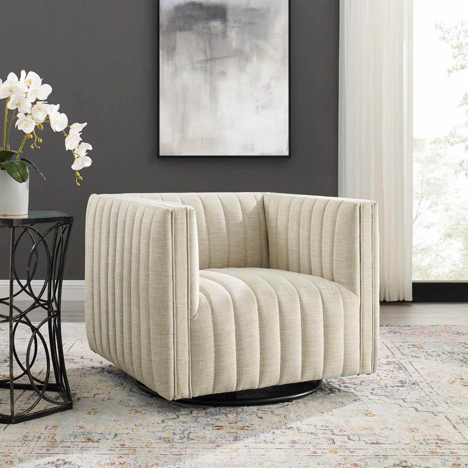 home office desk chairs | CasaFoyer Conjure Channel Tufted Fabric Upholstered Swivel Armchair | Luxurious & Stylish | Living Room, Lounge, Home Office | Retro Modern Design | Spring Coils, Dense Foam Padding | Rotating Base | 441 lbs Weight Capacity | Fully Assembled | Beige | casafoyer.myshopify.com