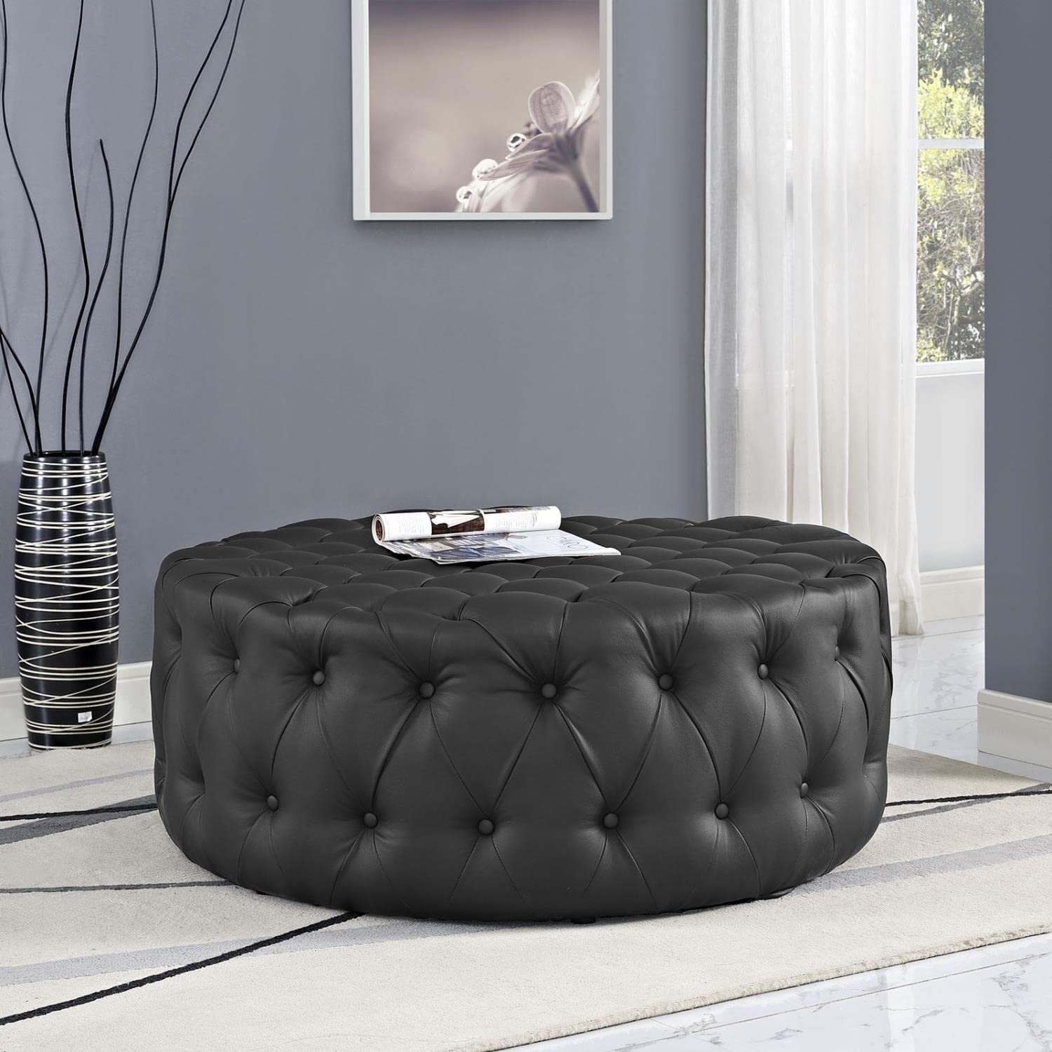 ottomans | CasaFoyer Amour Tufted Round Ottoman | Elegant Design | Plush Foam Padding | High-Quality Vinyl Upholstery | Sturdy Black Legs | Resting Feet, Showcasing Magazines | Enhance Interior Decor | Set of 1 | casafoyer.myshopify.com