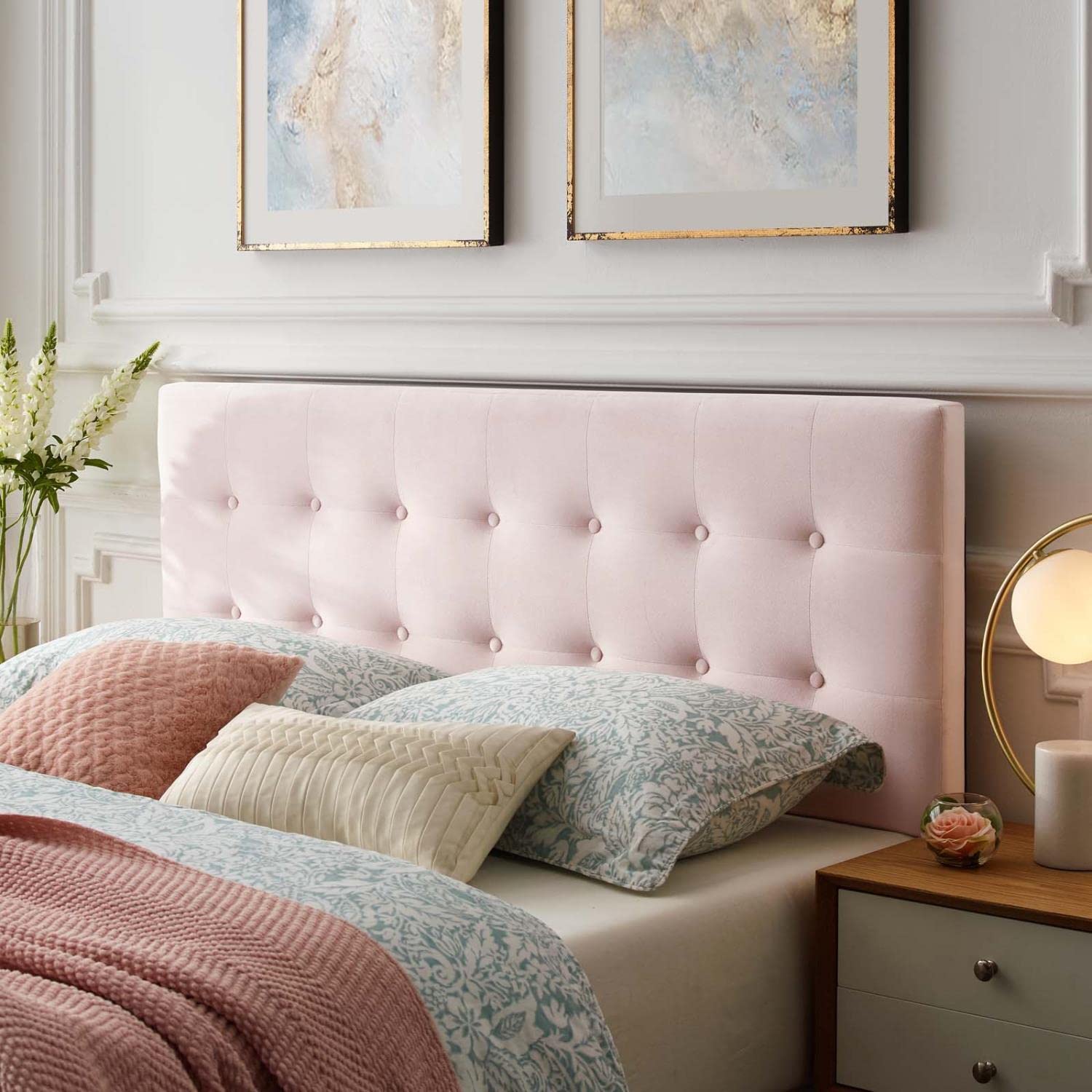 headboards | CasaFoyer Emily Performance Velvet Biscuit Tufted King Headboard | Timeless Charm & Contemporary Luxury | Stain-Resistant Velvet | Adjustable Mounting | Pink | casafoyer.myshopify.com