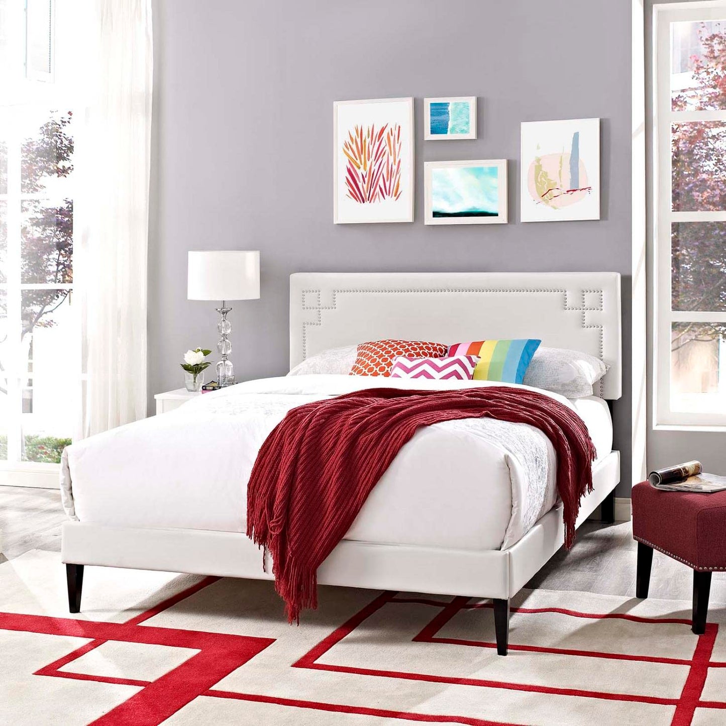 Bed | CasaFoyer Ruthie Platform Bed | Solid Wood | Vinyl Upholstery | Tapered Legs | No Box Spring Needed | Compatible with Memory Foam Mattresses | Queen Size | White | casafoyer.myshopify.com