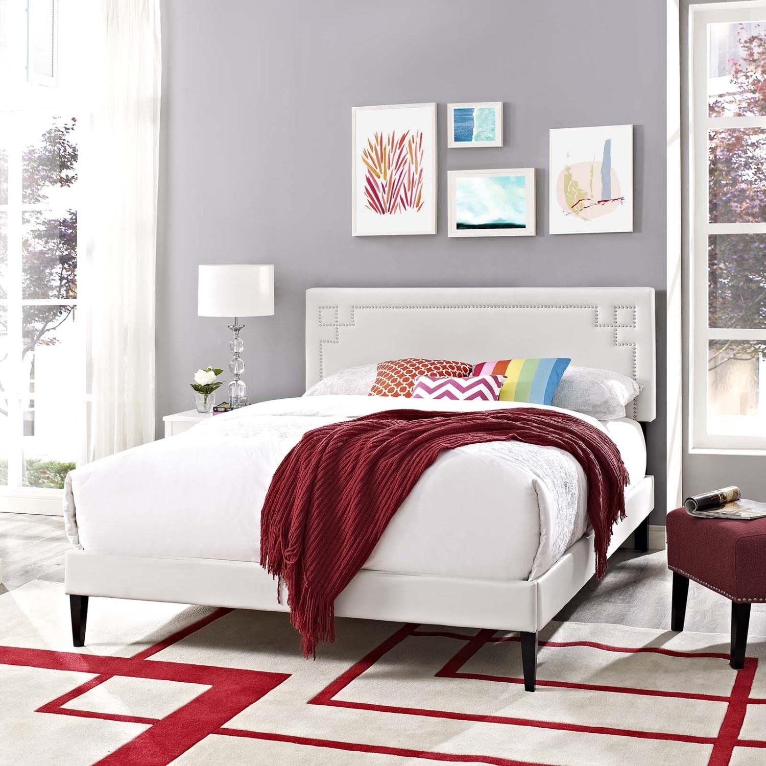 Bed | CasaFoyer Ruthie Platform Bed | Solid Wood | Vinyl Upholstery | Tapered Legs | No Box Spring Needed | Compatible with Memory Foam Mattresses | Queen Size | White | casafoyer.myshopify.com