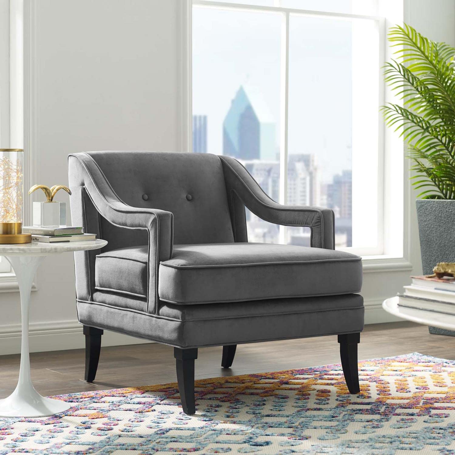 home office desk chairs | CasaFoyer Concur Performance Velvet Armchair | Sleek Design | Stain-Resistant | Plush Cushion | Machine Washable Cover | Solid Birch Legs | Modern & Mid-Century Decor | Gray | casafoyer.myshopify.com