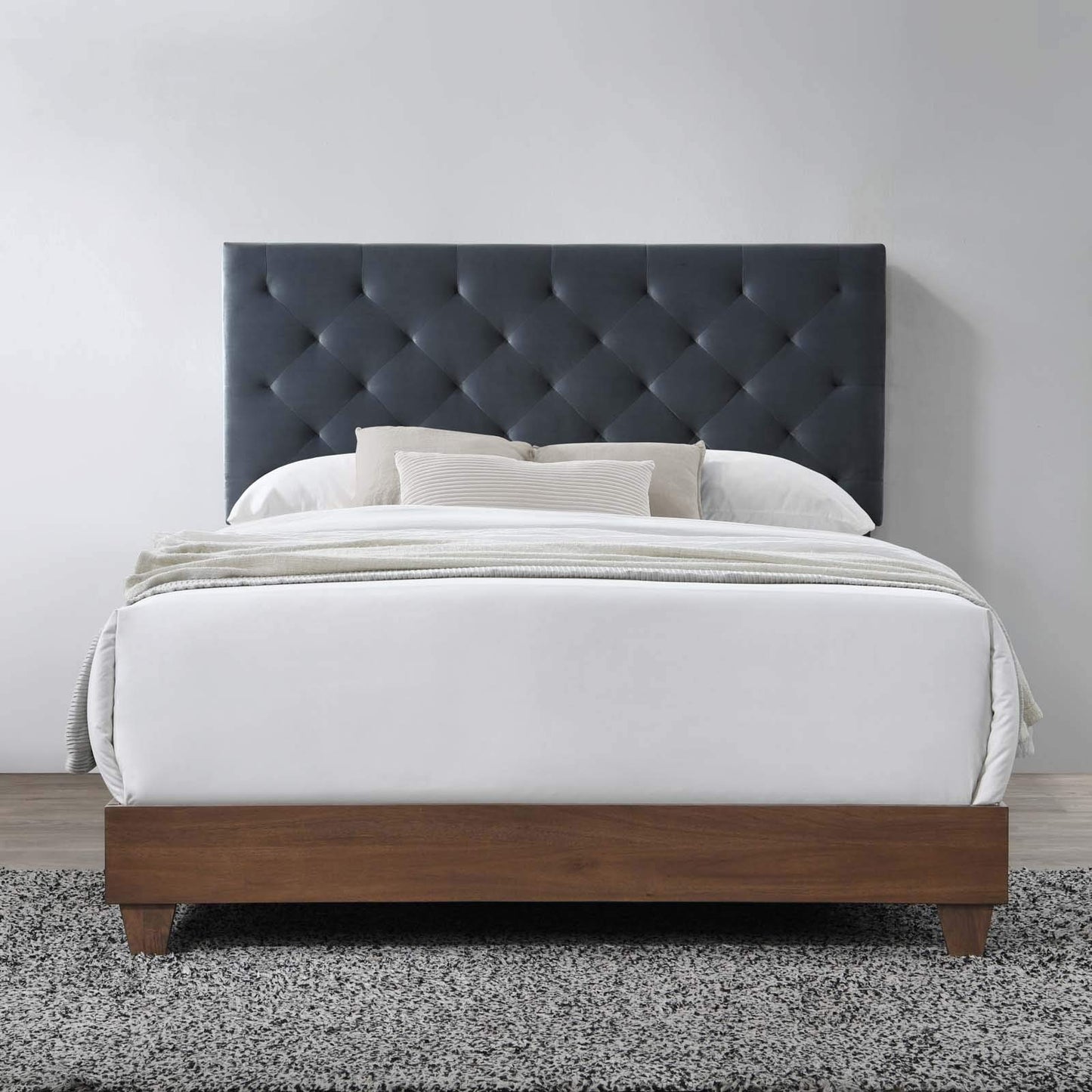 Bed | CasaFoyer Rhiannon Diamond Tufted Performance Velvet Upholstered Queen Bed | Walnut Charcoal | Elegant & Durable | Dual Support Planks | 800 lbs Weight Capacity | casafoyer.myshopify.com