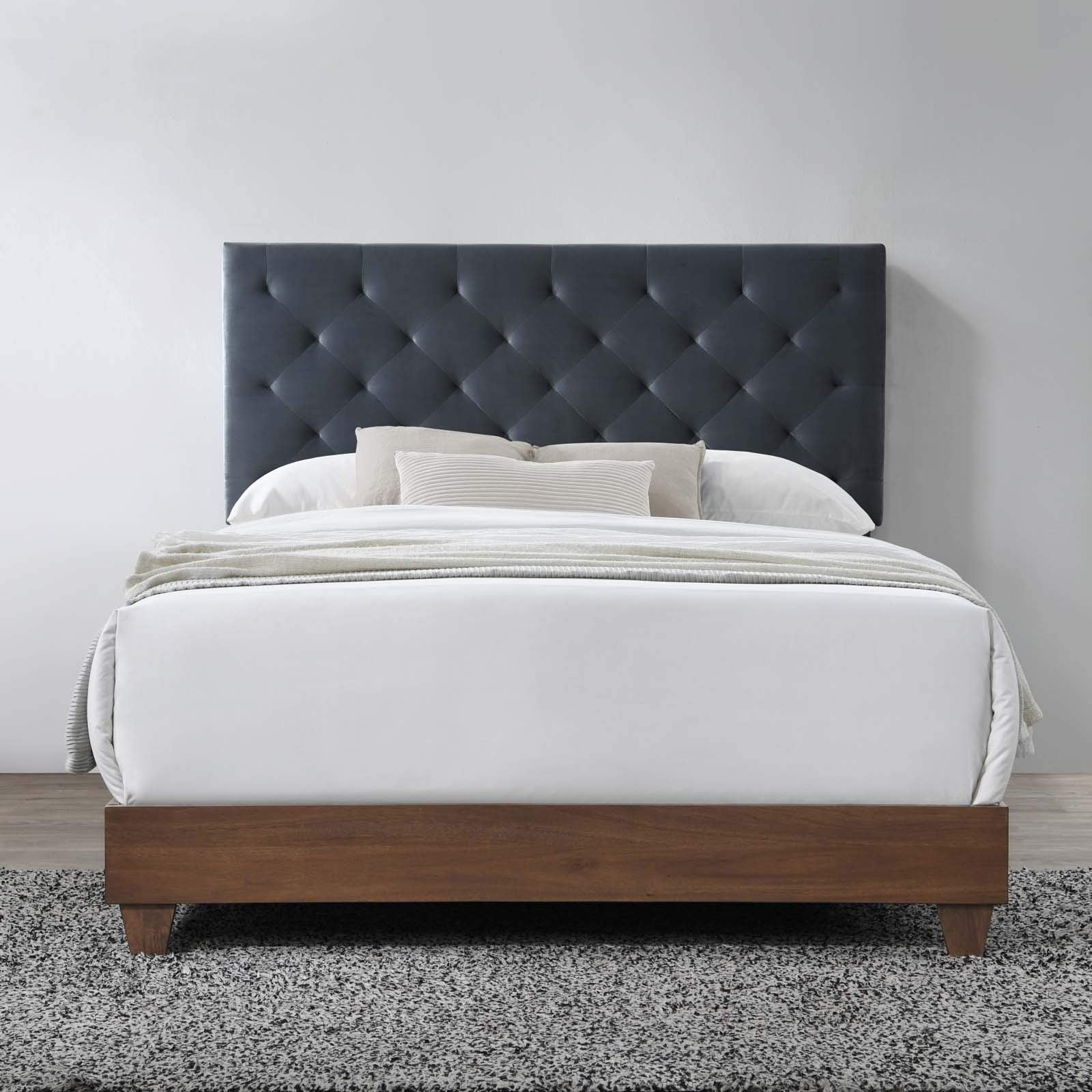 Bed | CasaFoyer Rhiannon Diamond Tufted Performance Velvet Upholstered Queen Bed | Walnut Charcoal | Elegant & Durable | Dual Support Planks | 800 lbs Weight Capacity | casafoyer.myshopify.com