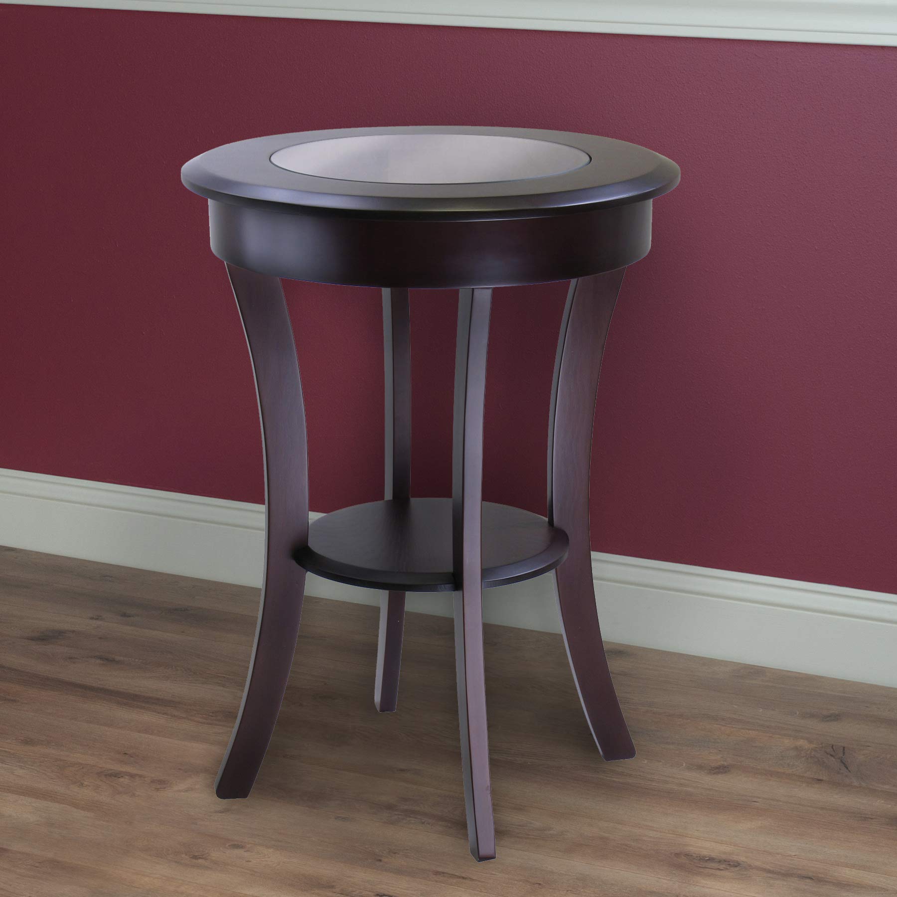 TABLE | Ergode Cassie Round Wood Accent Table | 20 Top | Tempered Glass | Curved Legs | Cappuccino Finish | Solid & Composite Wood | Assembly Required | casafoyer.myshopify.com