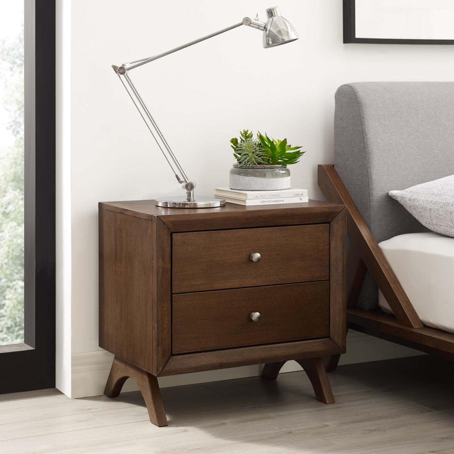 TABLE | CasaFoyer Providence Retro Style Nightstand or End Table | Solid Wood Construction | Mid-Century Design | 2 Drawers for Ample Storage | Walnut Finish | casafoyer.myshopify.com