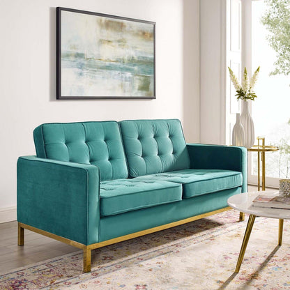 home office desk chairs | CasaFoyer Loft Button Tufted Performance Velvet Loveseat | Retro Modern Design | Gold Teal | casafoyer.myshopify.com