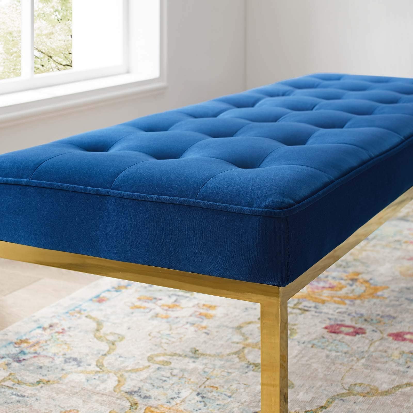 home office desk chairs | CasaFoyer Loft Button Tufted Performance Velvet Accent Bench | Gold Navy | Stainless Steel Frame | 300 lbs Weight Capacity | casafoyer.myshopify.com