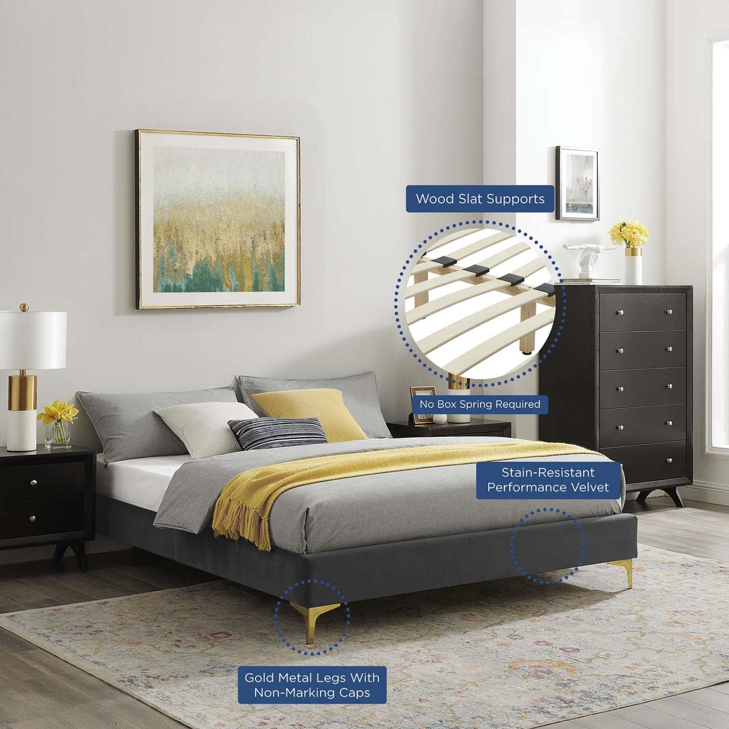 bed frames | CasaFoyer Sutton Performance Velvet Full Bed Frame | Stain-Resistant | No Box Spring Needed | Gold Metal Legs | 800 lbs Weight Capacity | casafoyer.myshopify.com