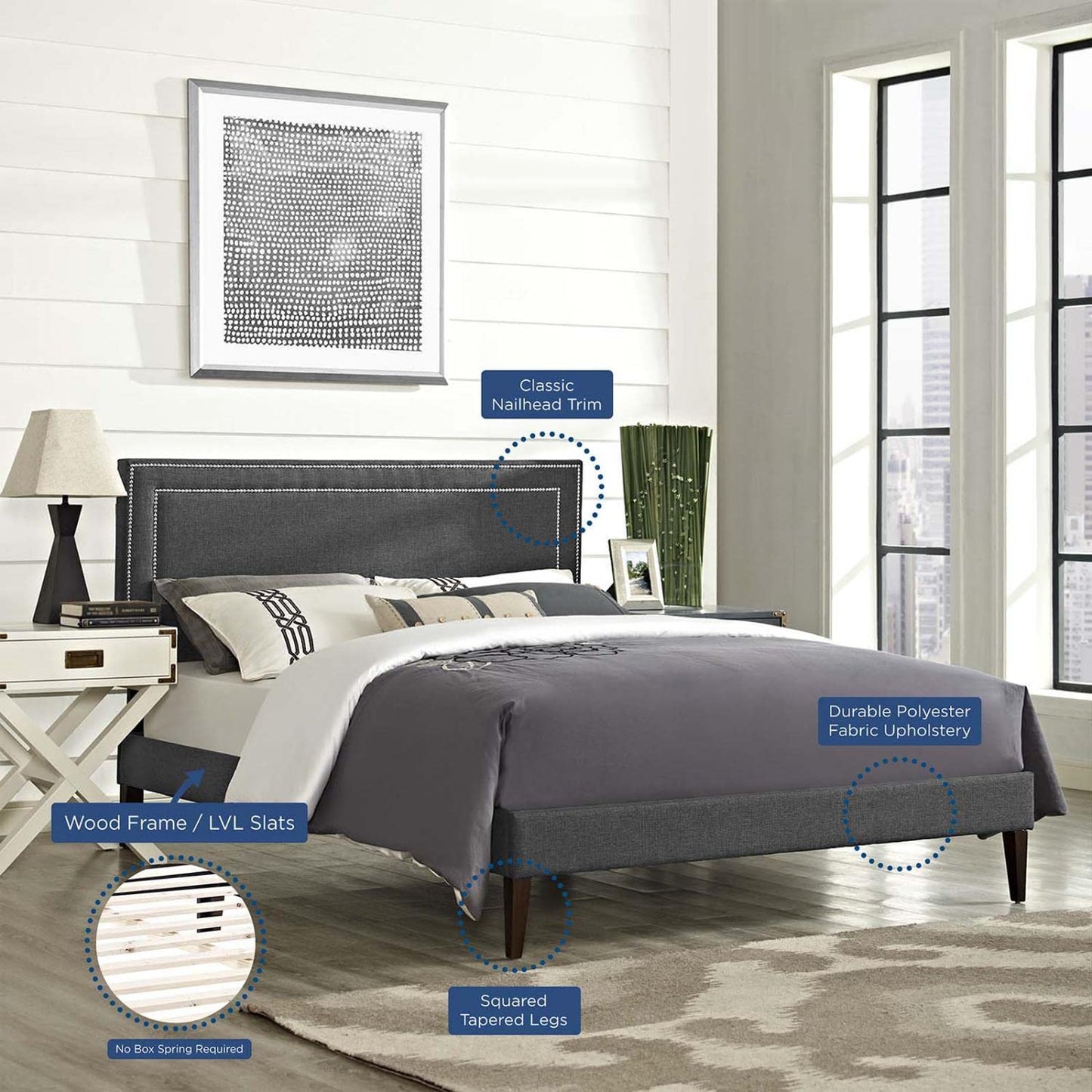 Bed | CasaFoyer Virginia Platform Bed | Solid Wood Frame | Polyester Upholstery | Tapered Legs | No Box Spring Needed | Compatible with Memory Foam Mattresses | Gray | casafoyer.myshopify.com