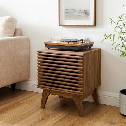 kitchen and dining room sets | CasaFoyer Render Vinyl Record Display Stand | Mid-Century Style | Walnut Grain Laminate | Ample Storage | Metal Dividers | Tapered Wood Legs | casafoyer.myshopify.com