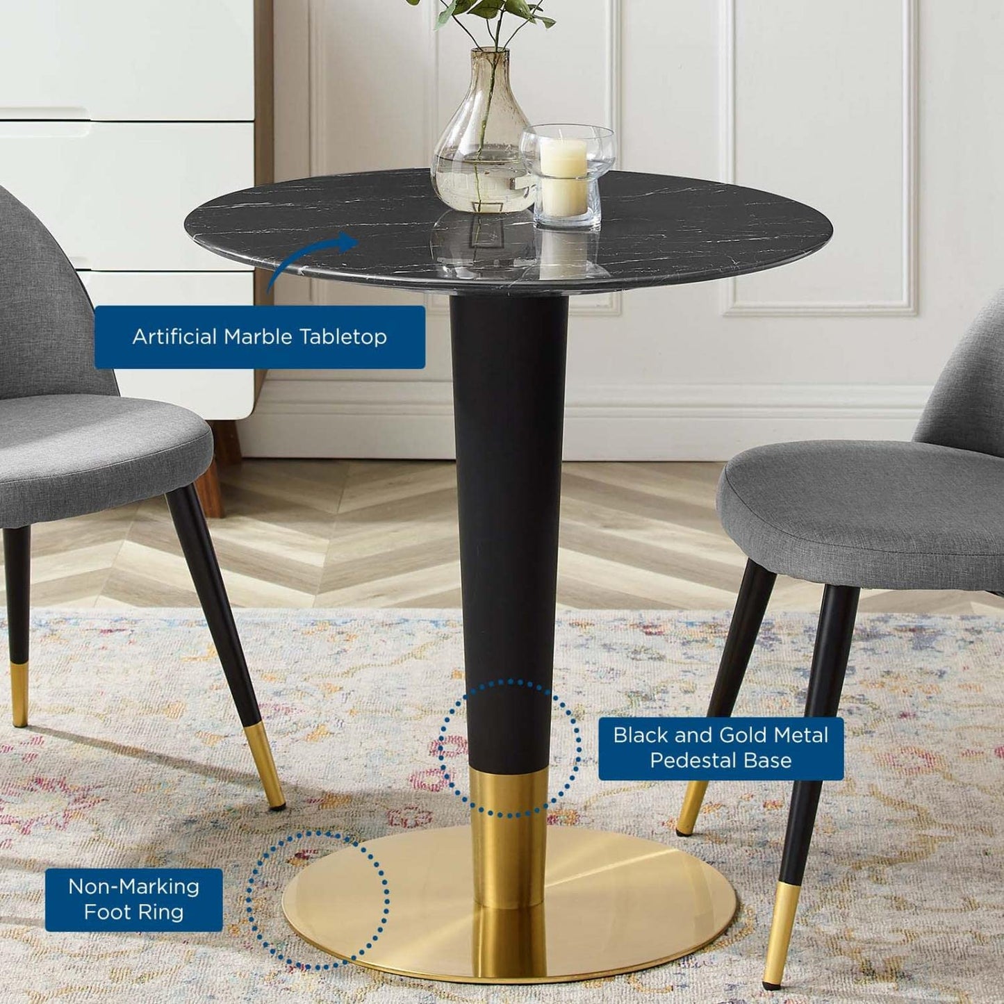 patio dining tables | CasaFoyer Zinque Dining Table | 28 Artificial Marble | Stylish Design | Easy to Clean | Black & Gold Base | Assembly Required | casafoyer.myshopify.com