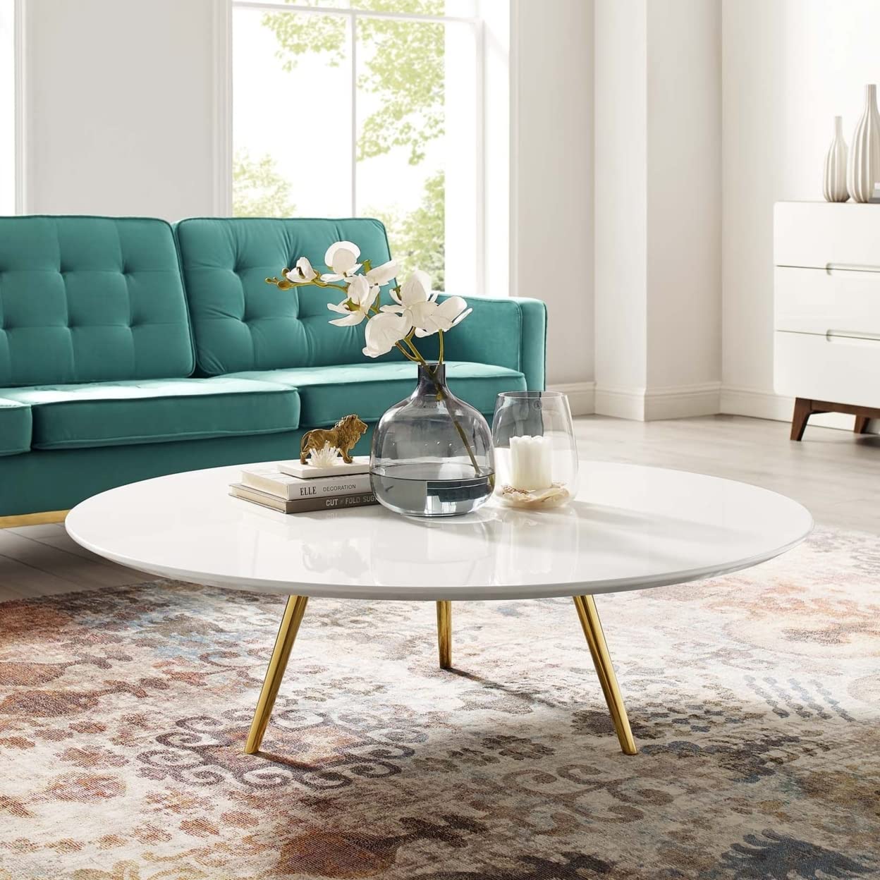 coffee tables | Ergode Lippa 47 Round Coffee Table | Timeless Design | White Lacquered Top | Gold Tripod Base | Perfect for Living Room, Lounge, or Home Office | casafoyer.myshopify.com