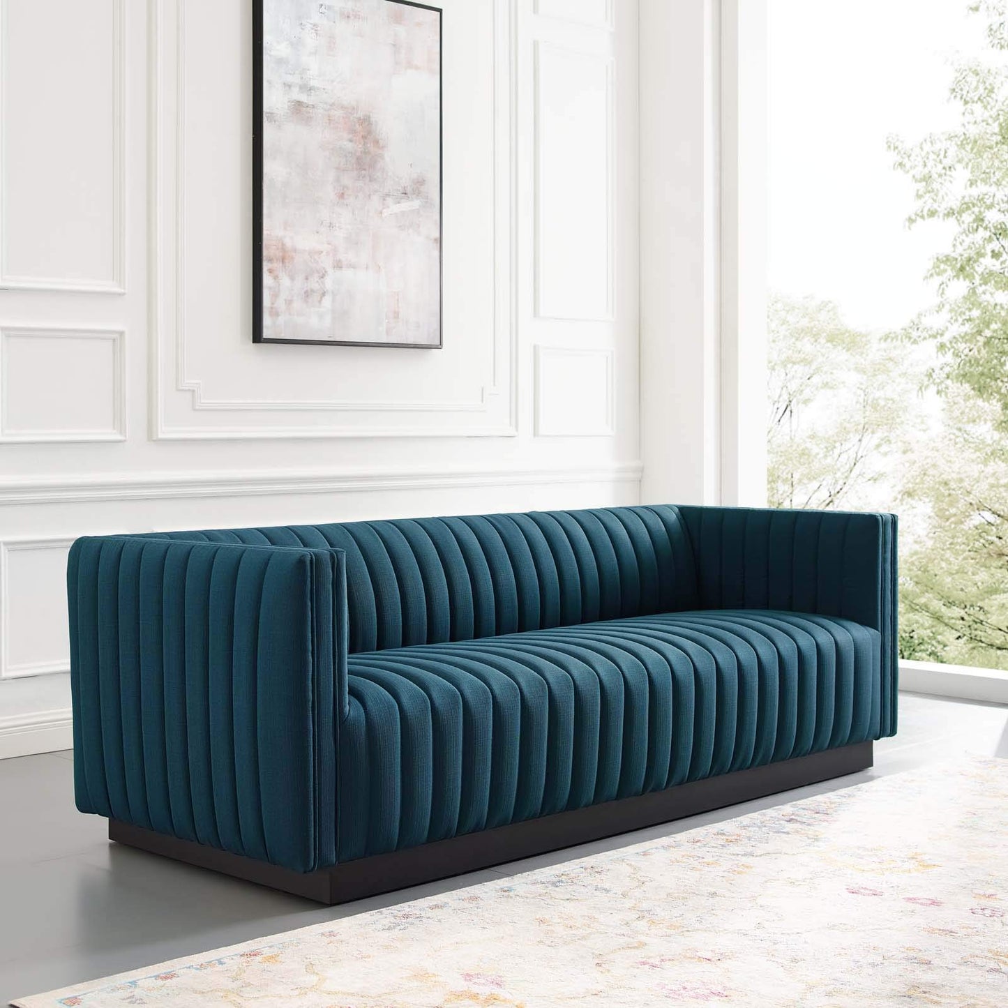 sofas | CasaFoyer Magnetic Cachet | Conjure Channel Tufted Fabric Sofa | Luxurious Glam Deco Style | Retro Modern Charm | Premium Seating | Matte Black Wooden Base | casafoyer.myshopify.com