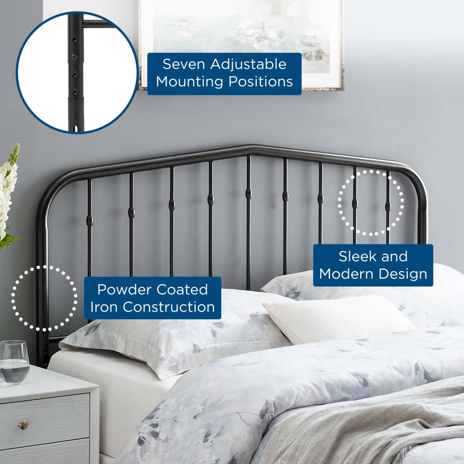 Bed | CasaFoyer Lennon Metal Queen Headboard | Cottage Farmhouse Design | Sleek Silhouette | Trendy Spindles | Durable Iron | Powder-Coated Finish | 7 Mounting Positions | casafoyer.myshopify.com