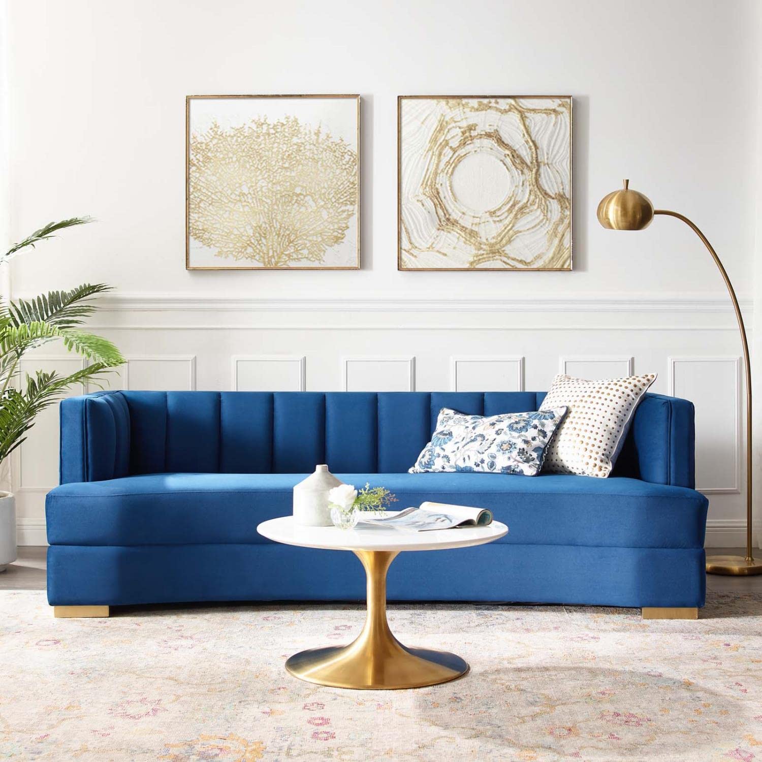 sofas | CasaFoyer Encompass Curved Channel Tufted Performance Velvet Sofa | Art Deco Elegance | Stain-Resistant | Luxuriously Comfortable | Gold Legs | Navy | casafoyer.myshopify.com