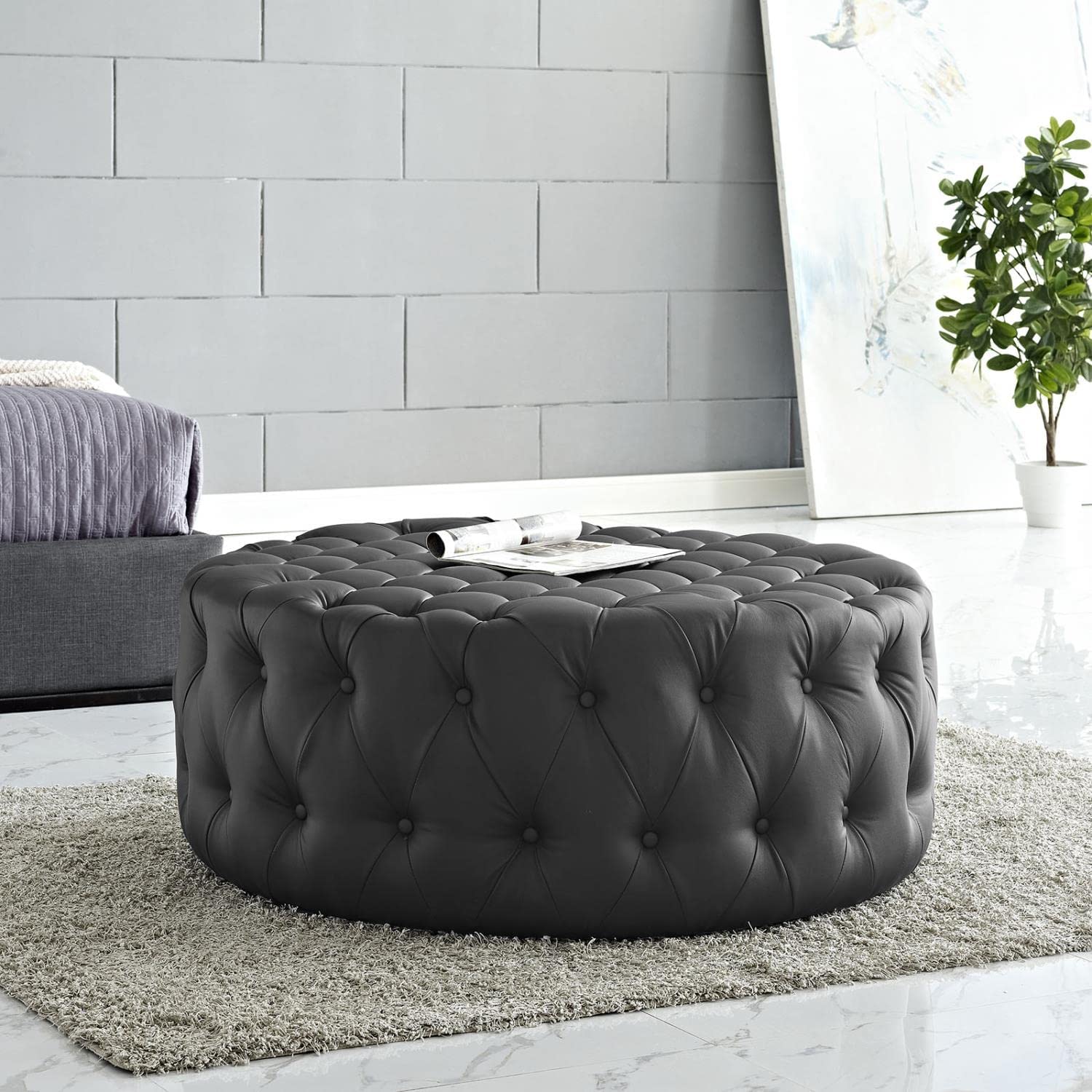 ottomans | CasaFoyer Amour Tufted Round Ottoman | Elegant Design | Plush Foam Padding | High-Quality Vinyl Upholstery | Sturdy Black Legs | Resting Feet, Showcasing Magazines | Enhance Interior Decor | Set of 1 | casafoyer.myshopify.com