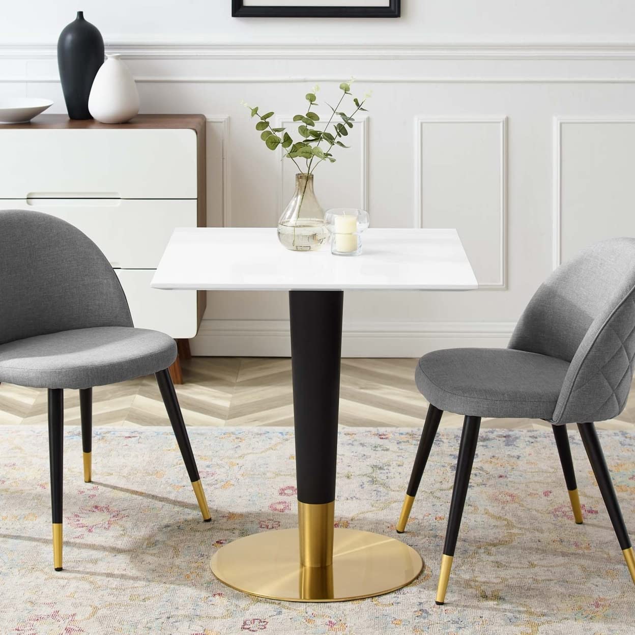 patio dining tables | CasaFoyer Zinque 28 Square Dining Table | Contemporary Design | Mid-Century Charm | Elegant Pedestal Base | Easy Maintenance | Black & Polished Gold Tapered Base | Non-Marking Ring | Assembly Required | casafoyer.myshopify.com