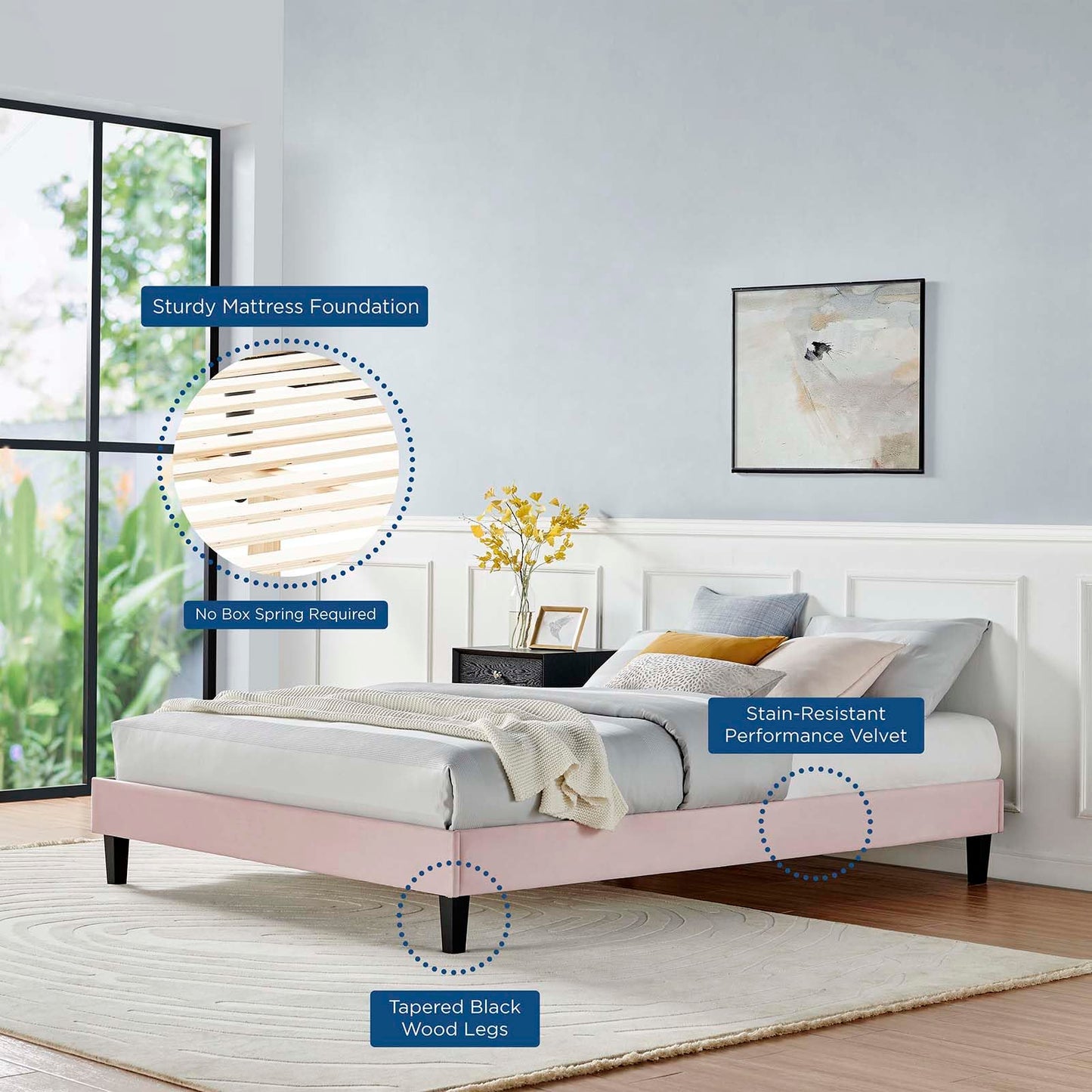 Bed | CasaFoyer Reign Performance Velvet Full Platform Bed Frame | Stain-Resistant | Luxurious Texture | No Box Spring Needed | Pink | casafoyer.myshopify.com