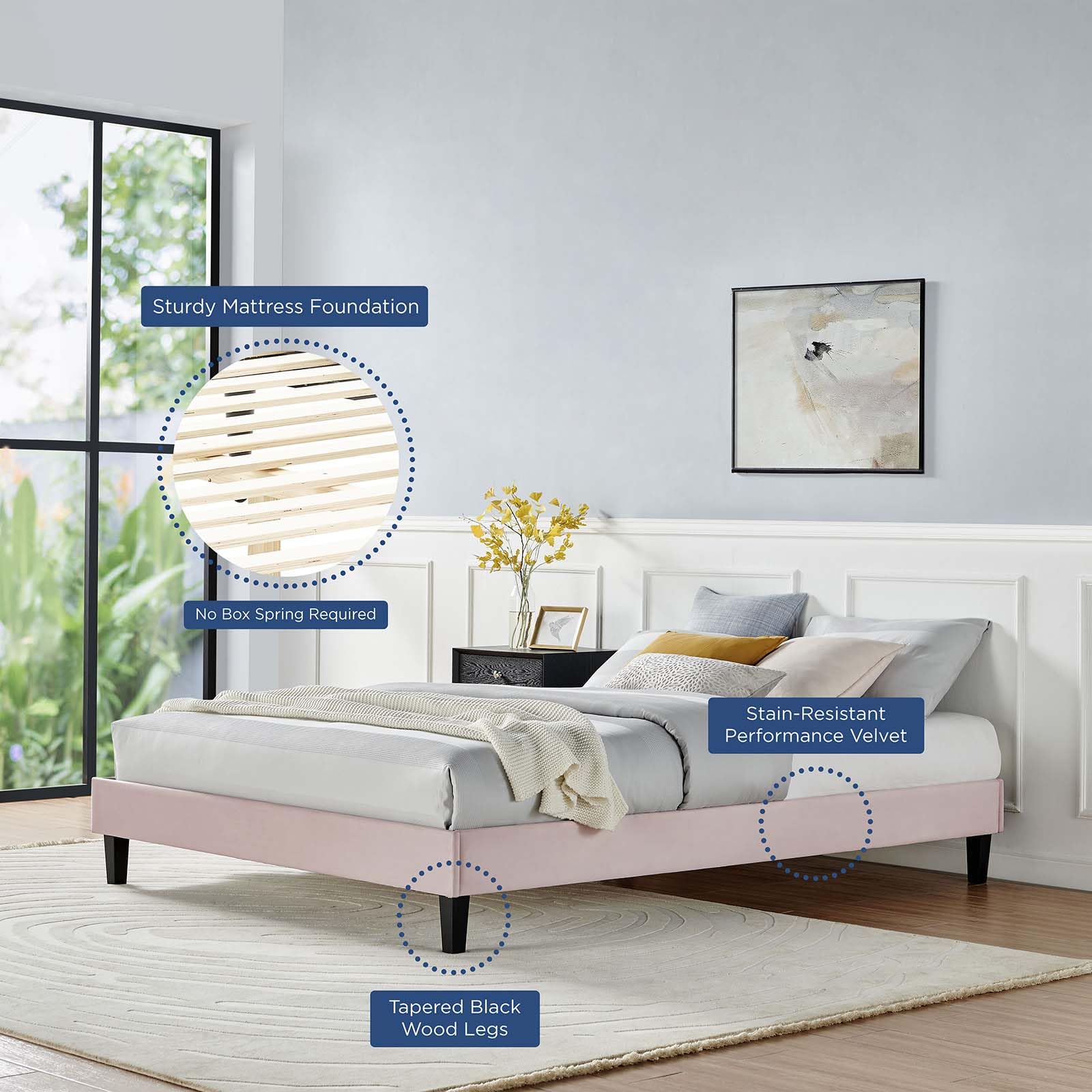 Bed | CasaFoyer Reign Performance Velvet Full Platform Bed Frame | Stain-Resistant | Luxurious Texture | No Box Spring Needed | Pink | casafoyer.myshopify.com