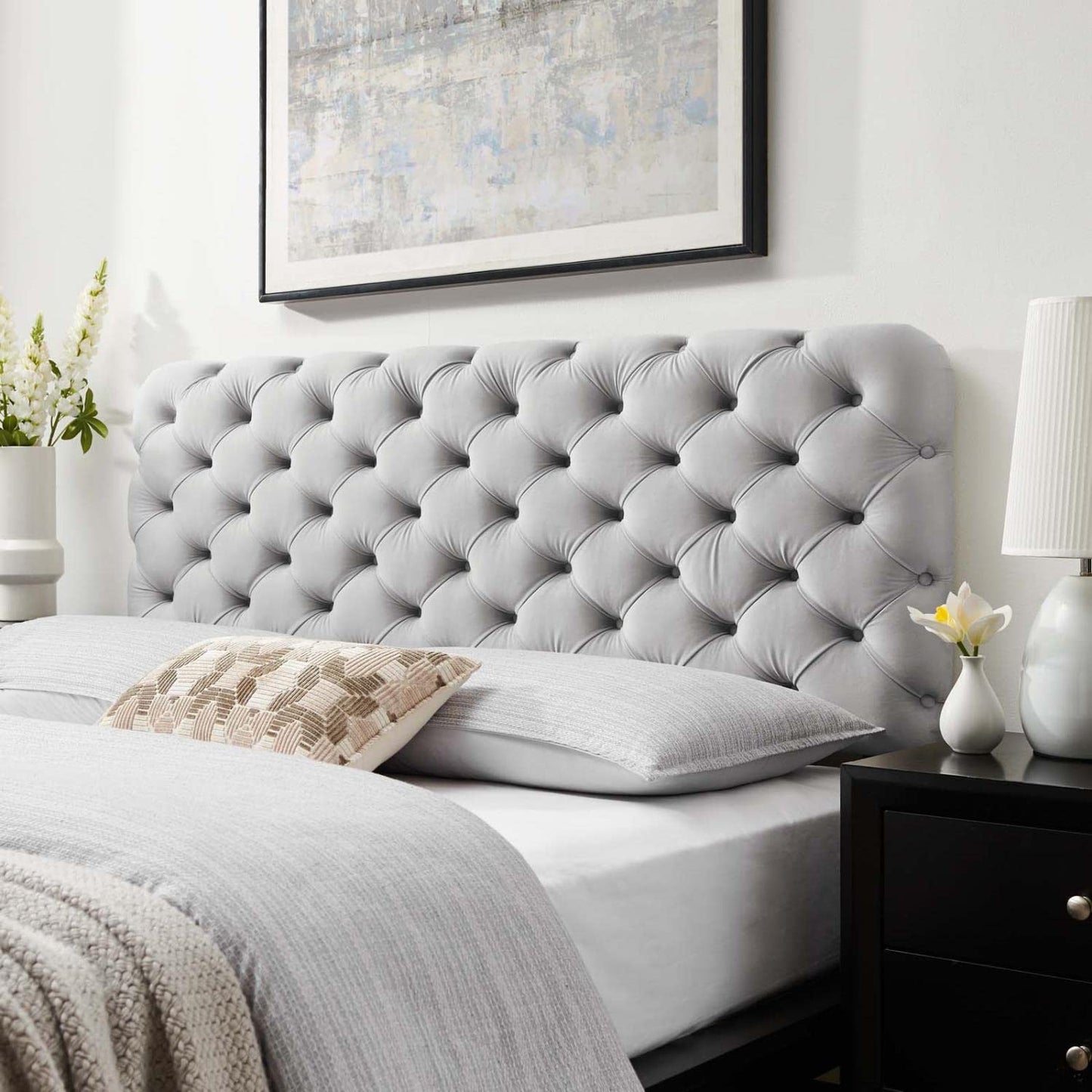 Bed | CasaFoyer Lizzy Tufted Performance Velvet Full/Queen Headboard | Elegant, Comfortable, Stain-Resistant | Light Gray | casafoyer.myshopify.com