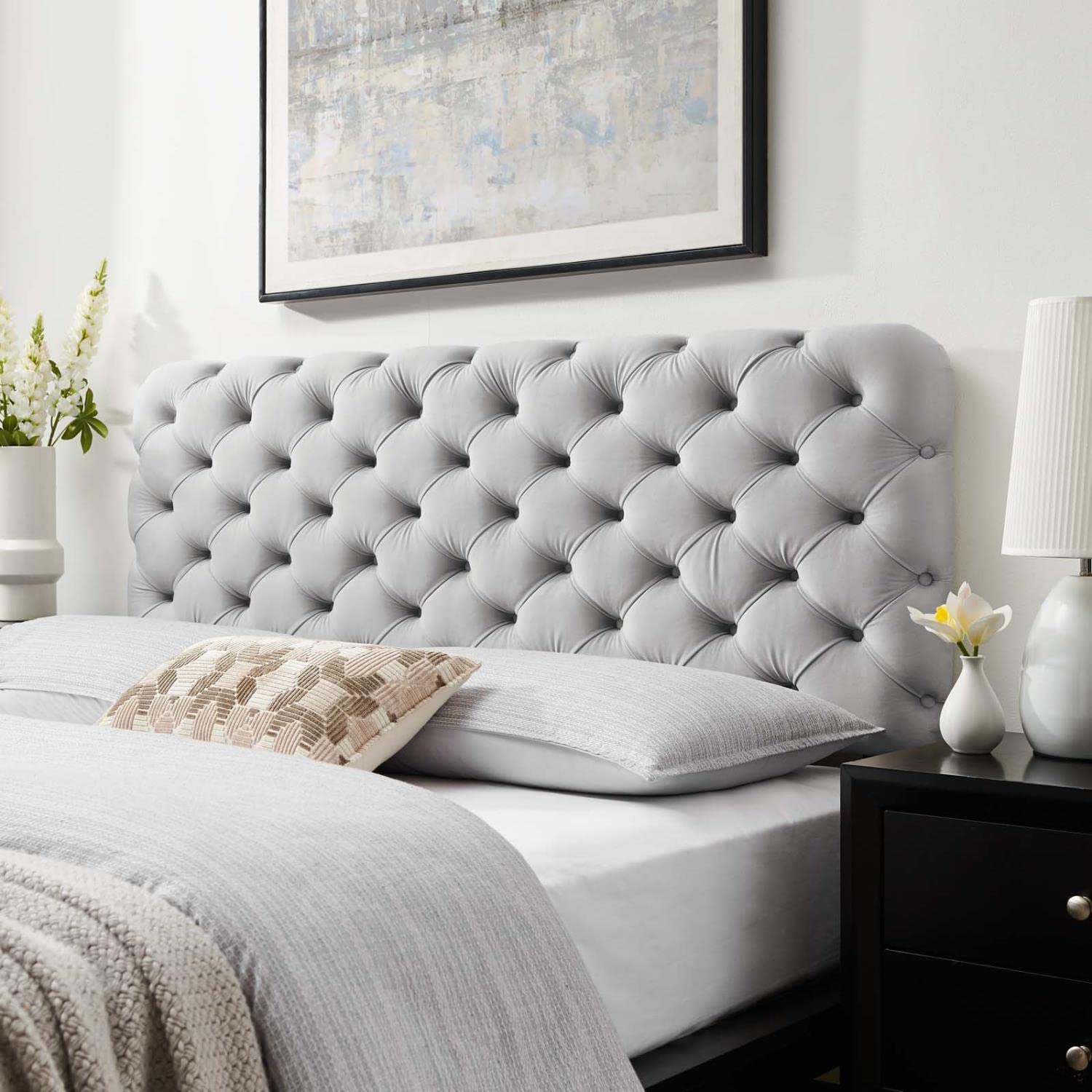 Bed | CasaFoyer Lizzy Tufted Performance Velvet Full/Queen Headboard | Elegant, Comfortable, Stain-Resistant | Light Gray | casafoyer.myshopify.com