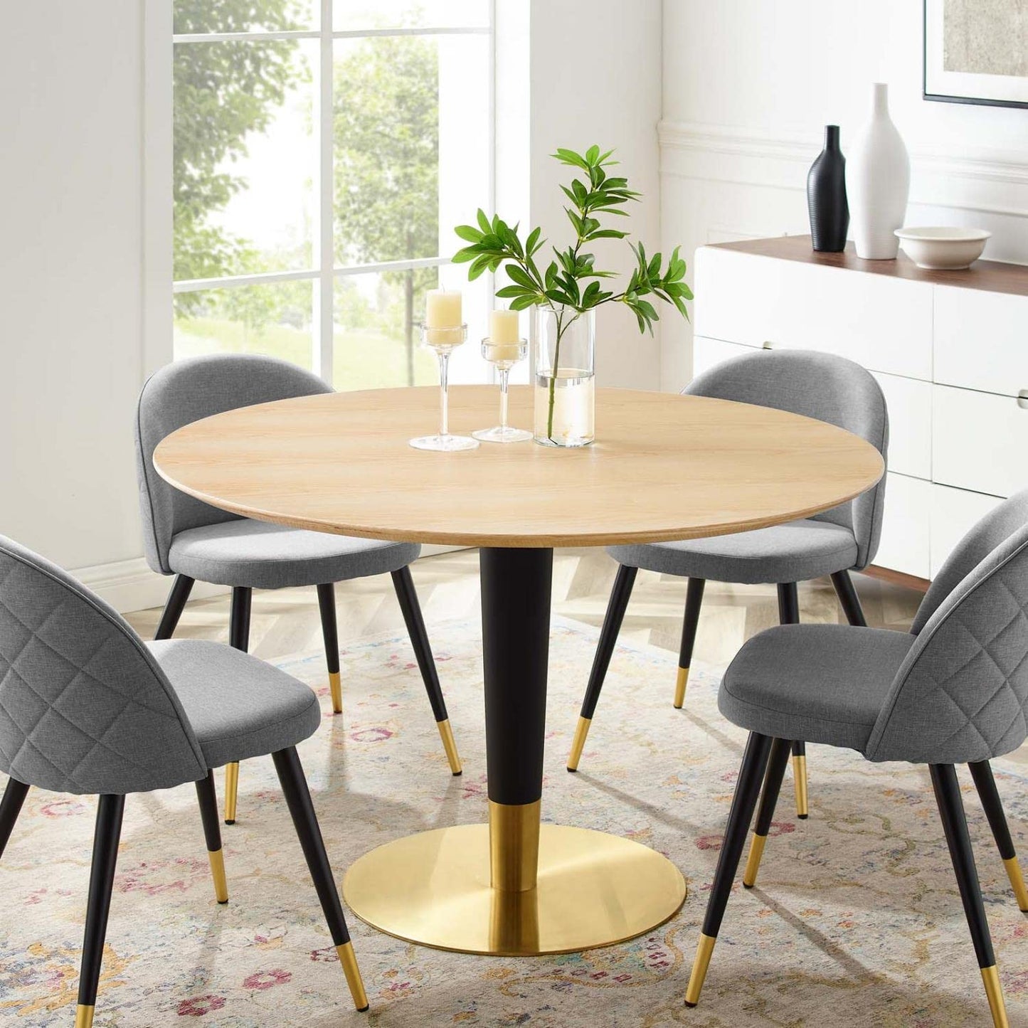 patio dining tables | CasaFoyer Zinque 47 Dining Table | Modern Mid-Century Design | MDF Tabletop with Wood Grain Veneer | Black & Gold Tapered Base | Easy to Clean | Non-Marking Ring | Assembly Required | casafoyer.myshopify.com