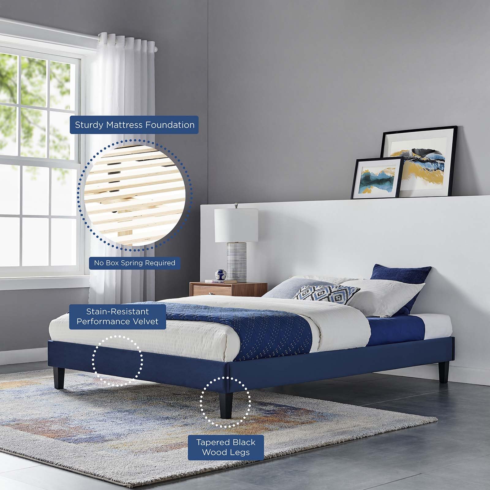 Bed | CasaFoyer Reign Performance Velvet King Platform Bed Frame | Elegant, Durable, Versatile | No Box Spring Needed | Navy | 800 lbs Weight Capacity | casafoyer.myshopify.com