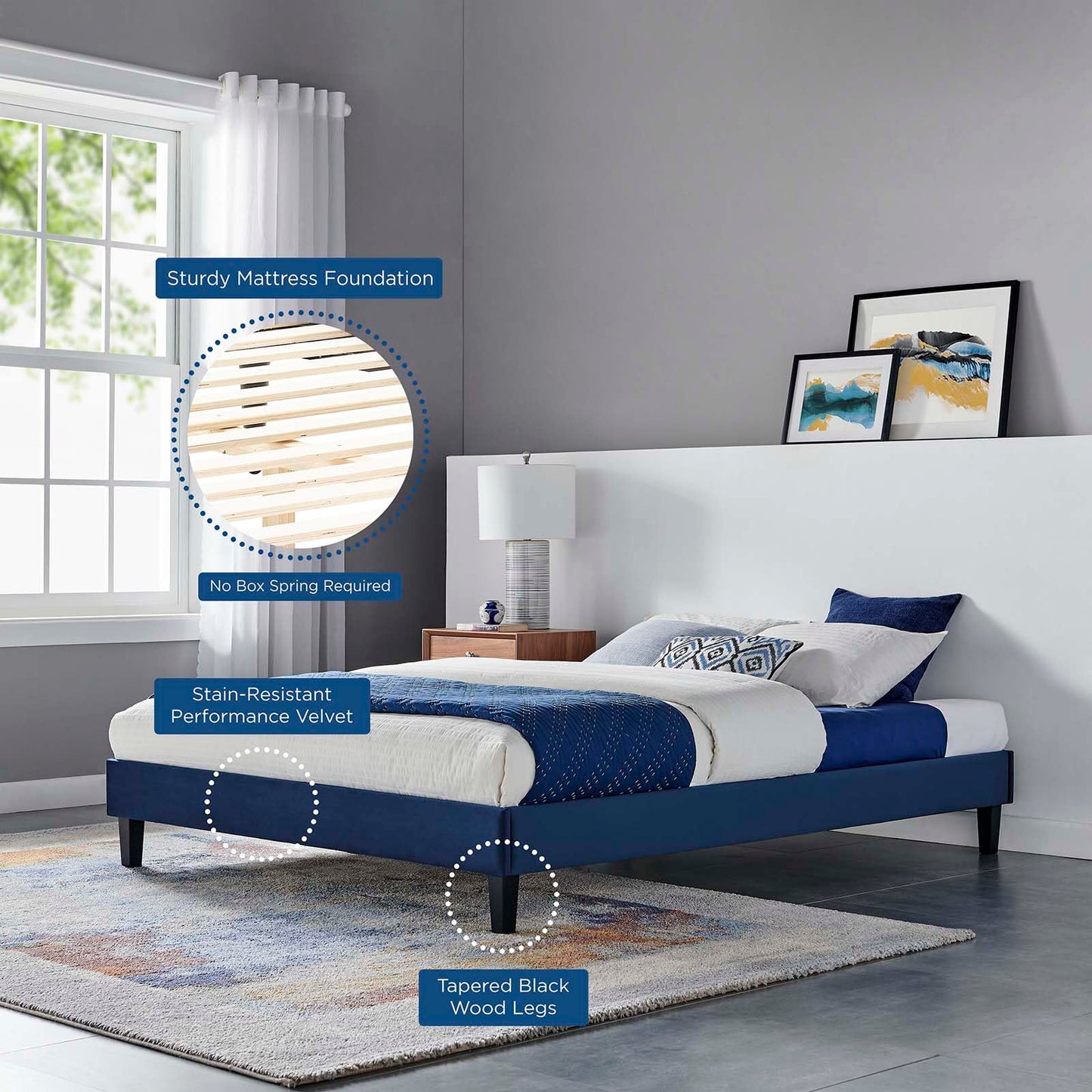 Bed | CasaFoyer Reign Performance Velvet Full Platform Bed Frame | Elegant & Durable | Sturdy Side Rails & Tapered Legs | Compatible with Full Headboards | 800 lbs Weight Capacity | Navy | casafoyer.myshopify.com