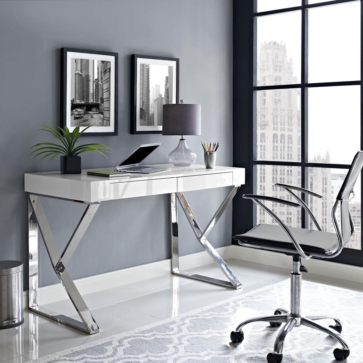 home office desks | Ergode Modern Adjacent Desk | High Gloss Veneer Top | Polished Steel Base | Dual Drawers | Contemporary Workspaces | casafoyer.myshopify.com