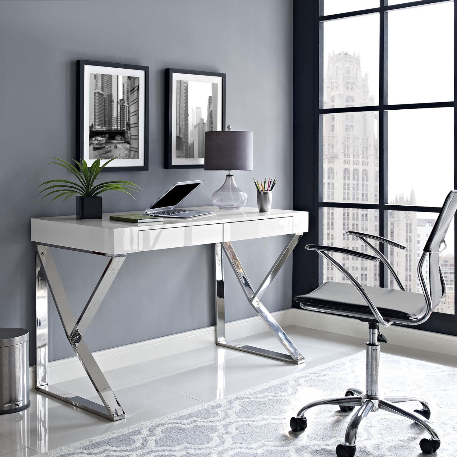 home office desks | Ergode Modern Adjacent Desk | High Gloss Veneer Top | Polished Steel Base | Dual Drawers | Contemporary Workspaces | casafoyer.myshopify.com