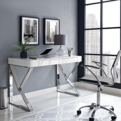 home office desks | Ergode Modern Adjacent Desk | High Gloss Veneer Top | Polished Steel Base | Dual Drawers | Contemporary Workspaces | casafoyer.myshopify.com